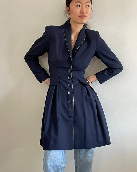 vintage Myrene de Premonville couture midnight blue nipped waist long line all season wool blazer