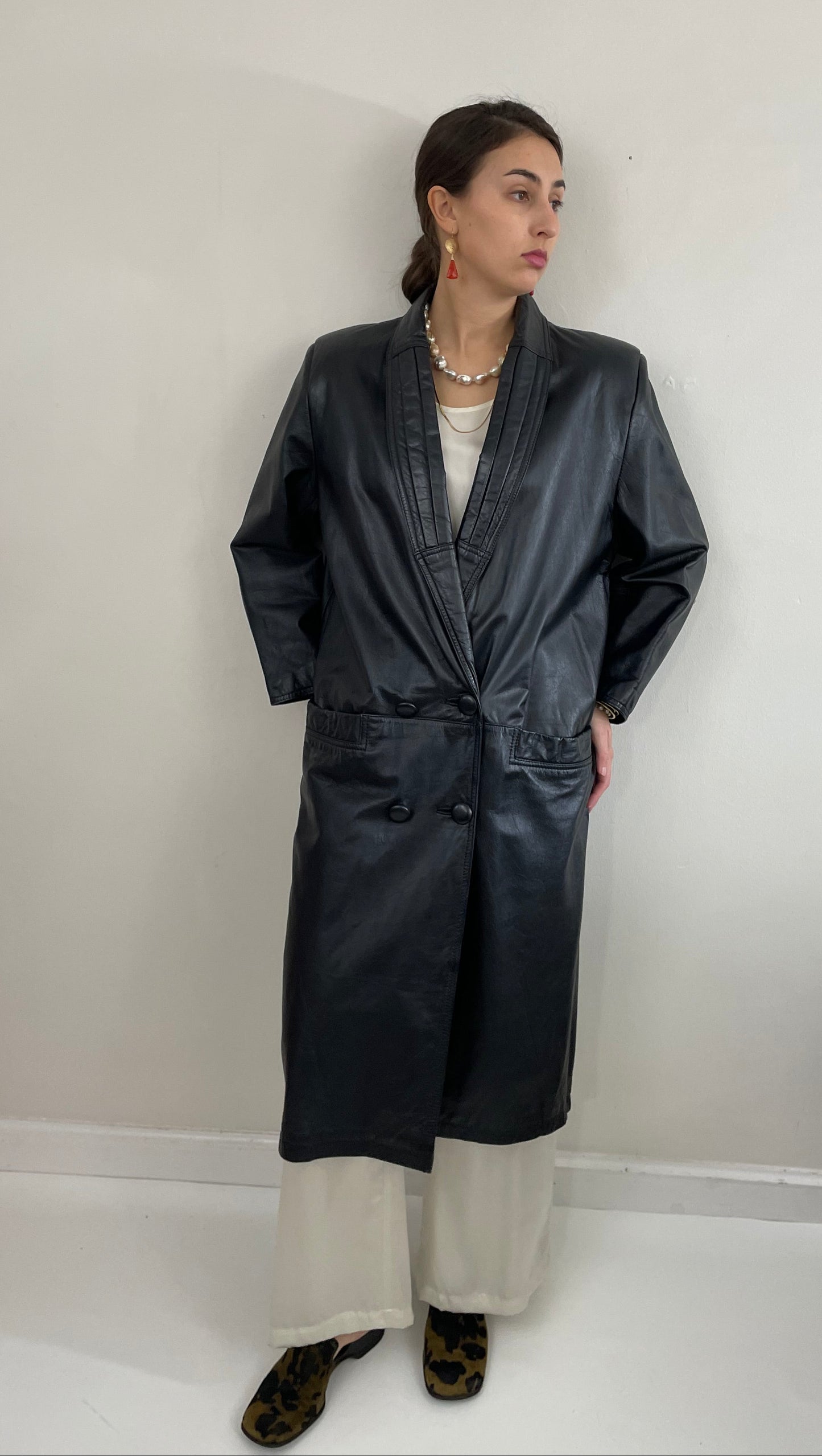 Vintage 90s Leather Trench Black Double Breasted Jacket
