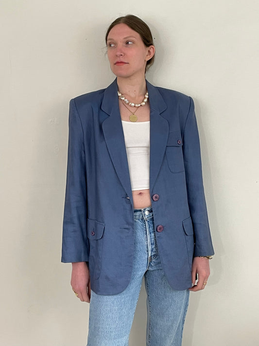 vintage 100% linen long line flap pocket indigo denim blue blazer jacket Medium