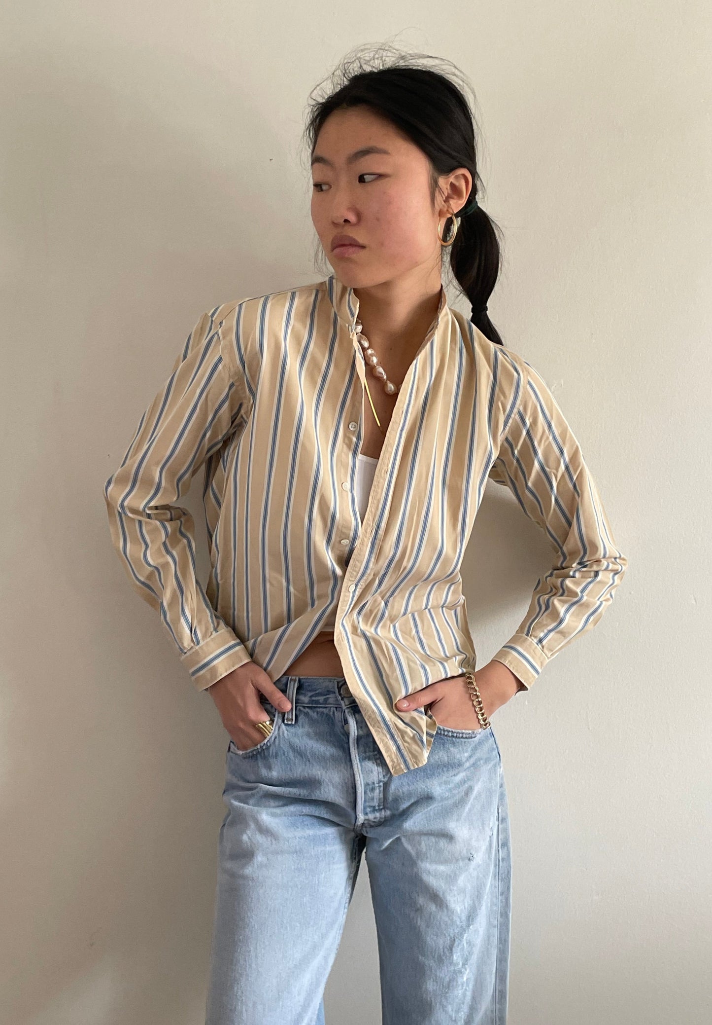 vintage 80s Calvin Klein cotton blouse khaki beige pinstripe