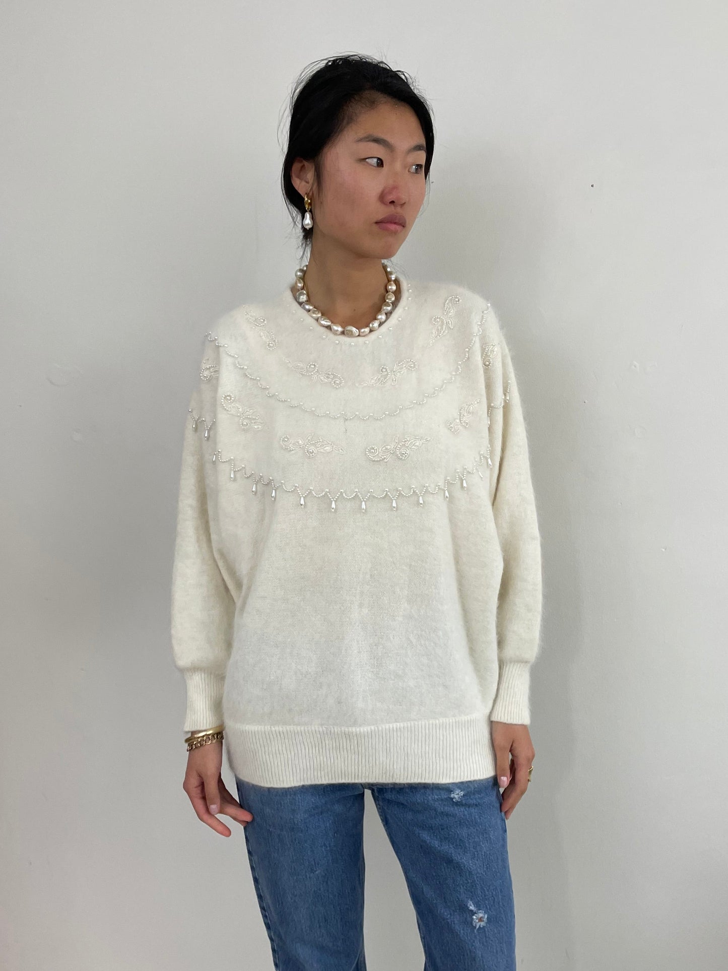 Vintage 90s Angora Beaded White Batwing Sweater Tunic Large