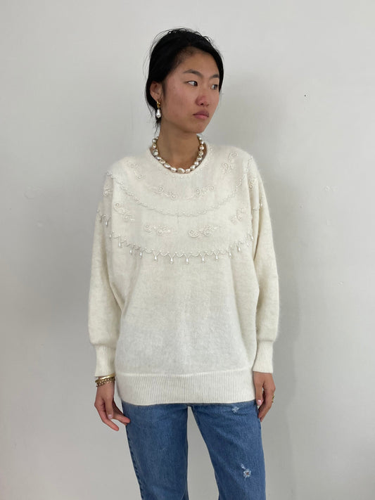 Vintage 90s Angora Beaded White Batwing Sweater Tunic Large