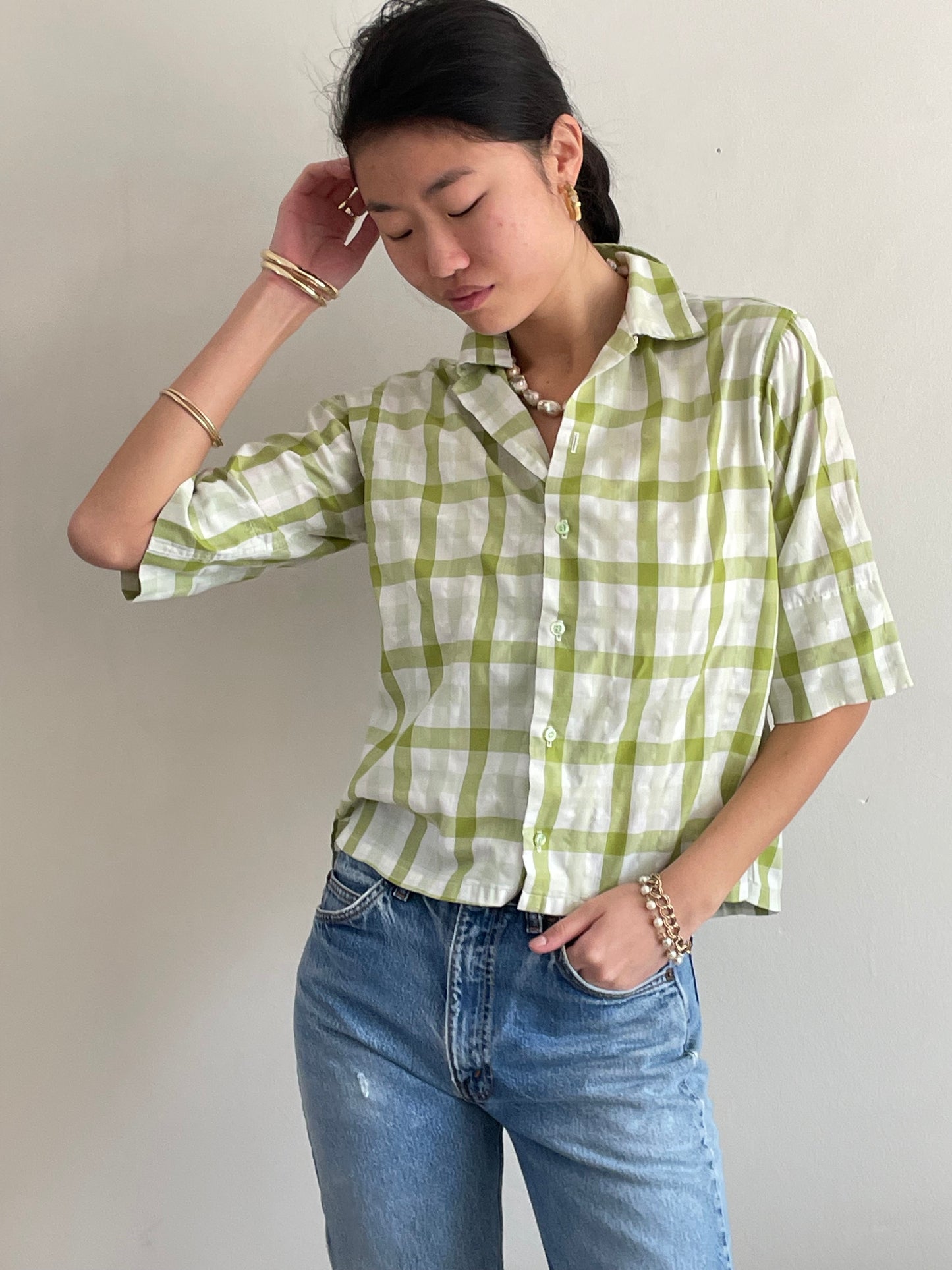 60s vintage plaid blouse / lime + olive moss green plaid elbow sleeve cropped blouse | Medium