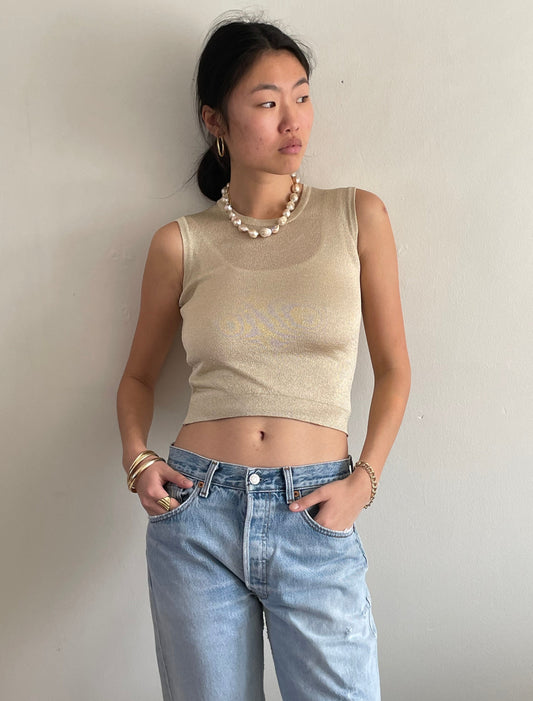 vintage gold knit designer cropped sleeveless t-shirt sweater tank top Avero Martini S