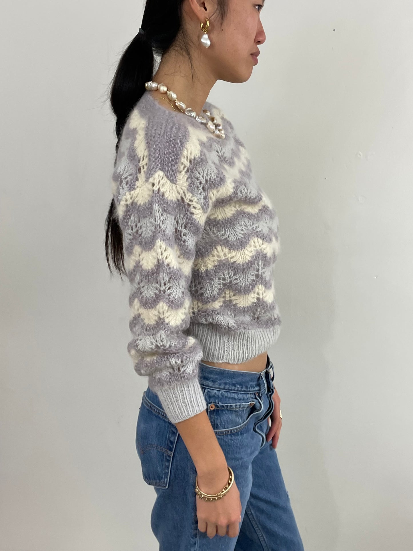 Vintage 70s Hand Knit Mohair Chevron Pointelle Open Knit Sweater