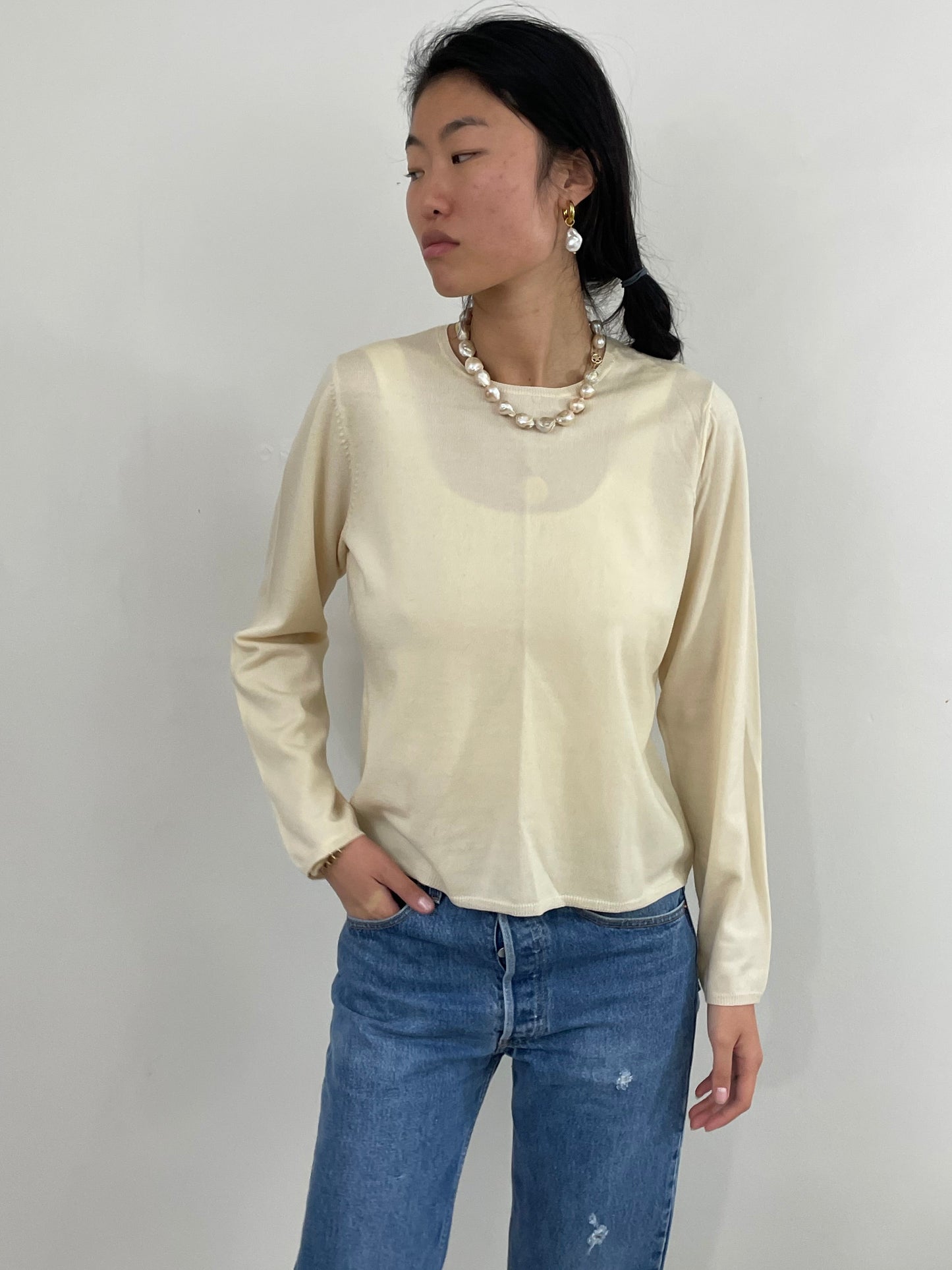 Vintage Merino Wool Lightweight Crewneck Buttercream Sweater