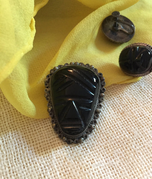 Vintage 50s Carved Onyx Earrings + Pin Brooch Matching Set Taxco Hand Crafted in Mexico Sterling Silver Carved Onyx Set