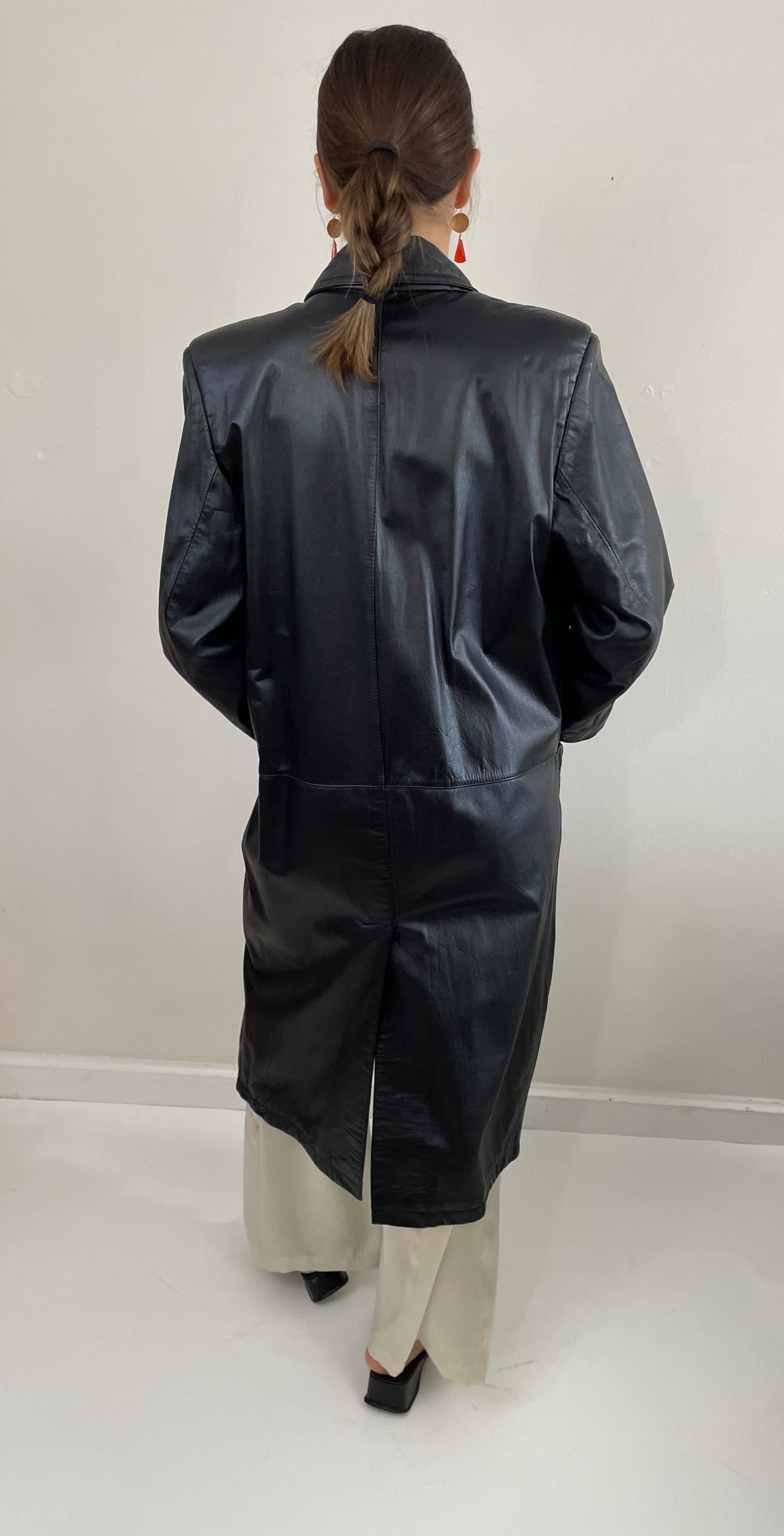 Vintage 90s Leather Trench Black Double Breasted Jacket
