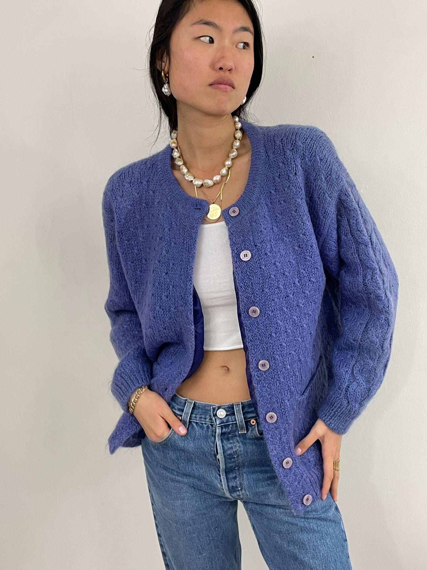 Vintage 90s Mohair Cable Knit Violet Oversized Shacket Sweater L