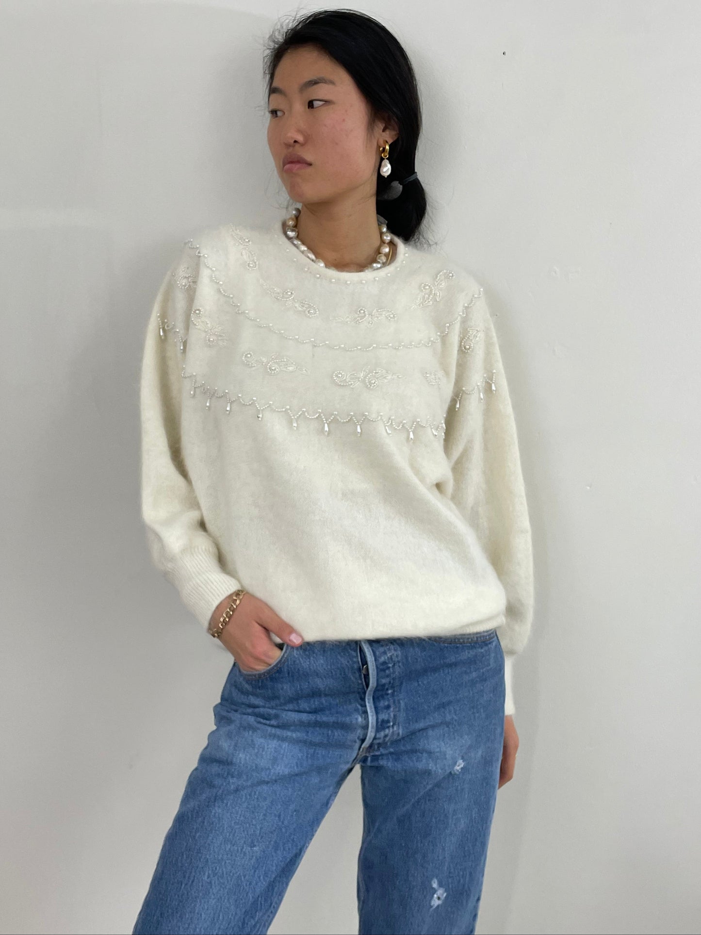 Vintage 90s Angora Beaded White Batwing Sweater Tunic Large