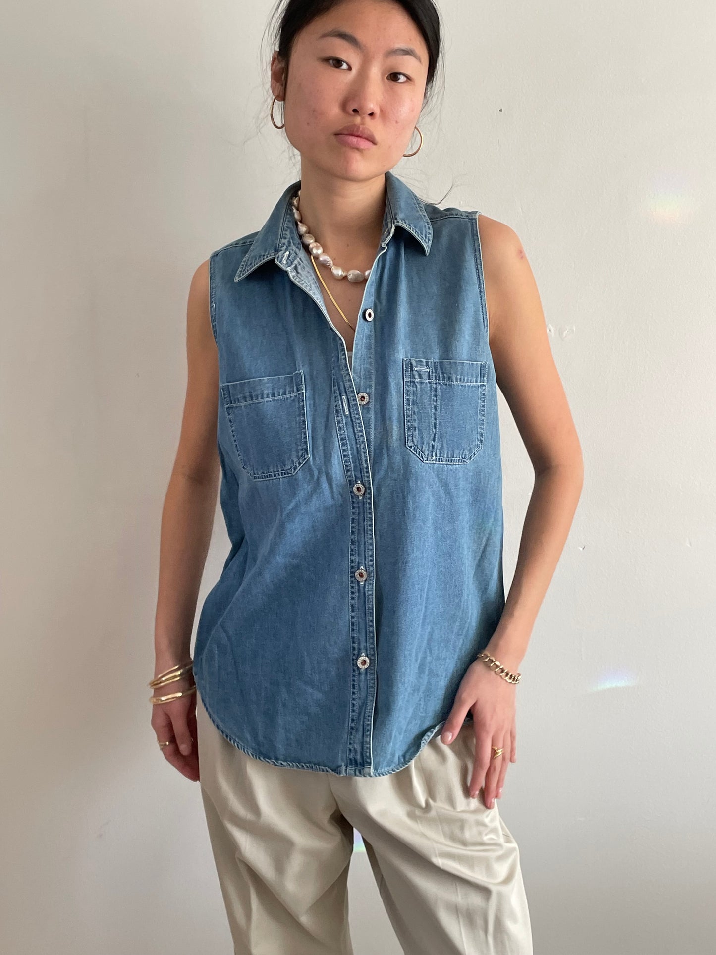 vintage Bill Blass sleeveless denim chambray blouse L