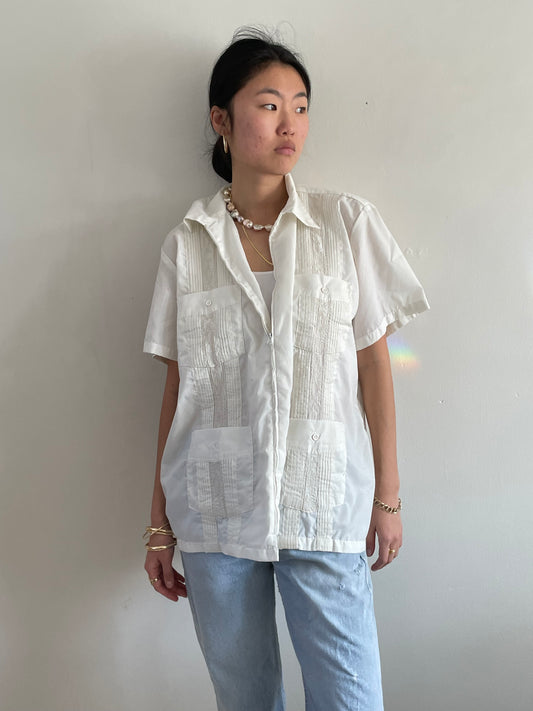vintage embroidered zip front Haband Guayabera cotton white short sleeve shirt | XL