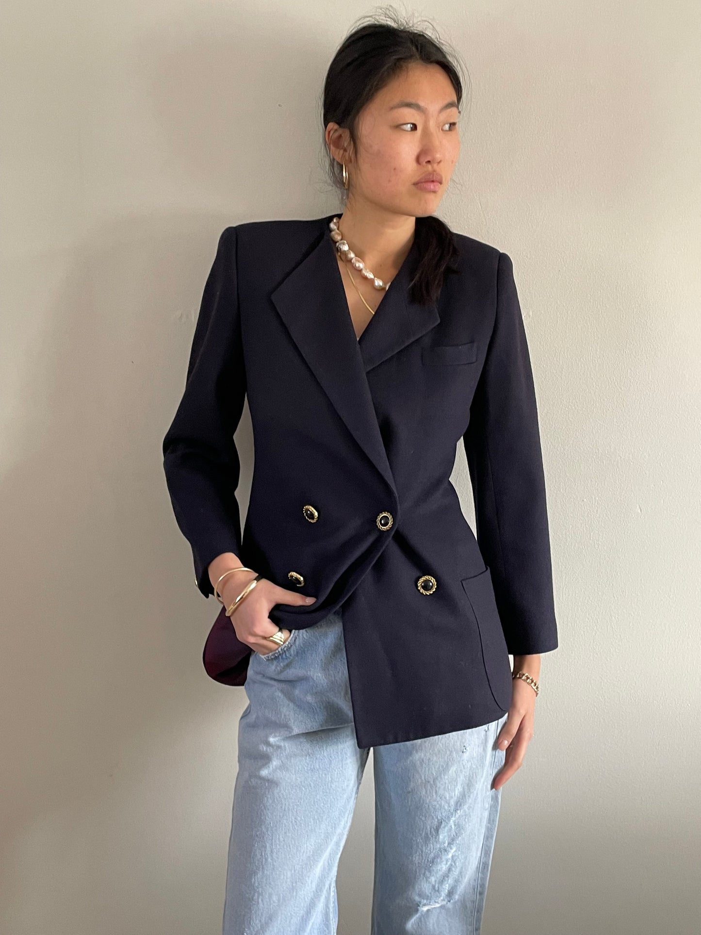 vintage double breasted cropped navy blue wool 90s blazer Medium