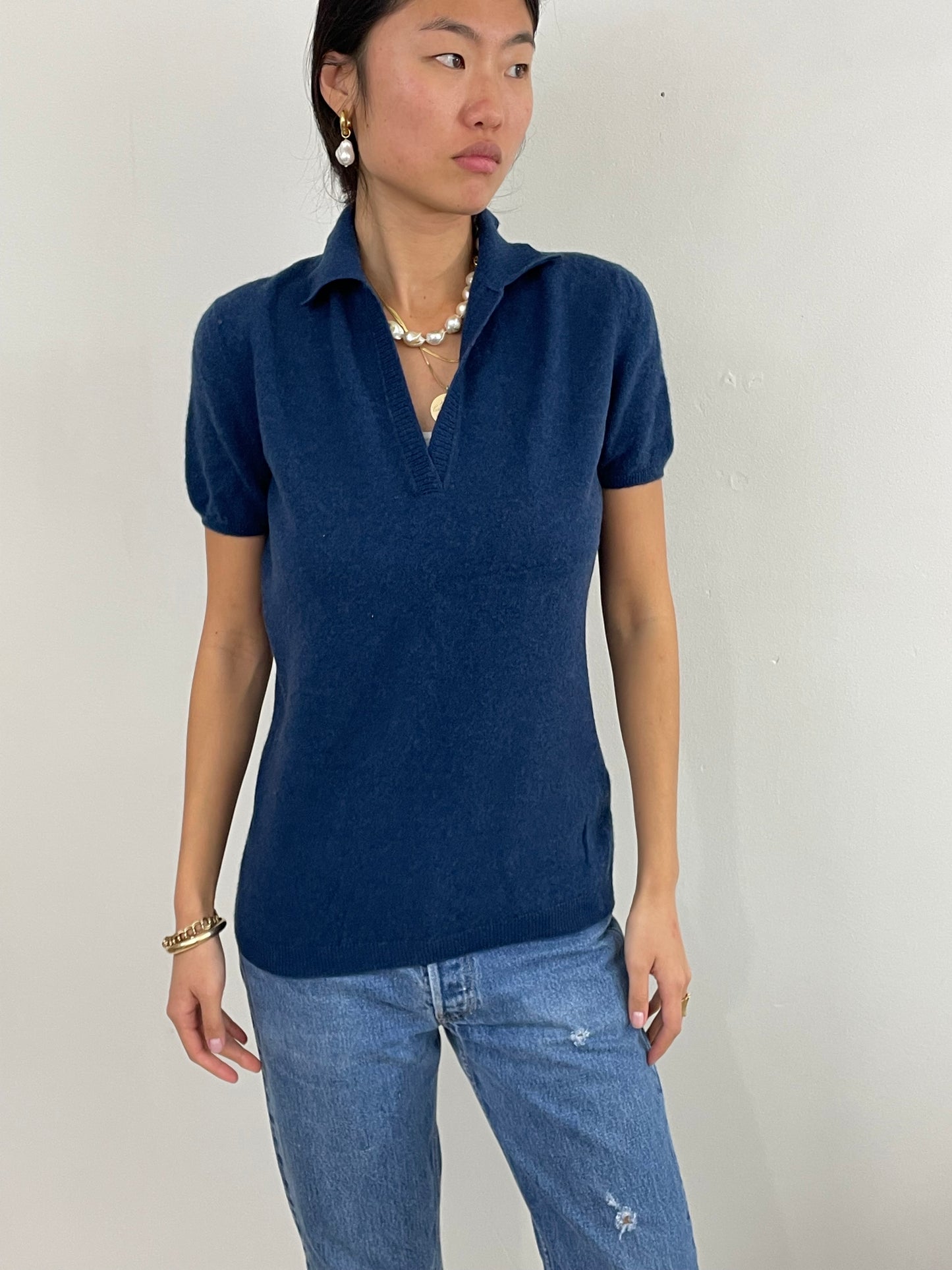 Vintage Paul Stuart Cashmere Collared Short Sleeve Sweater Medium