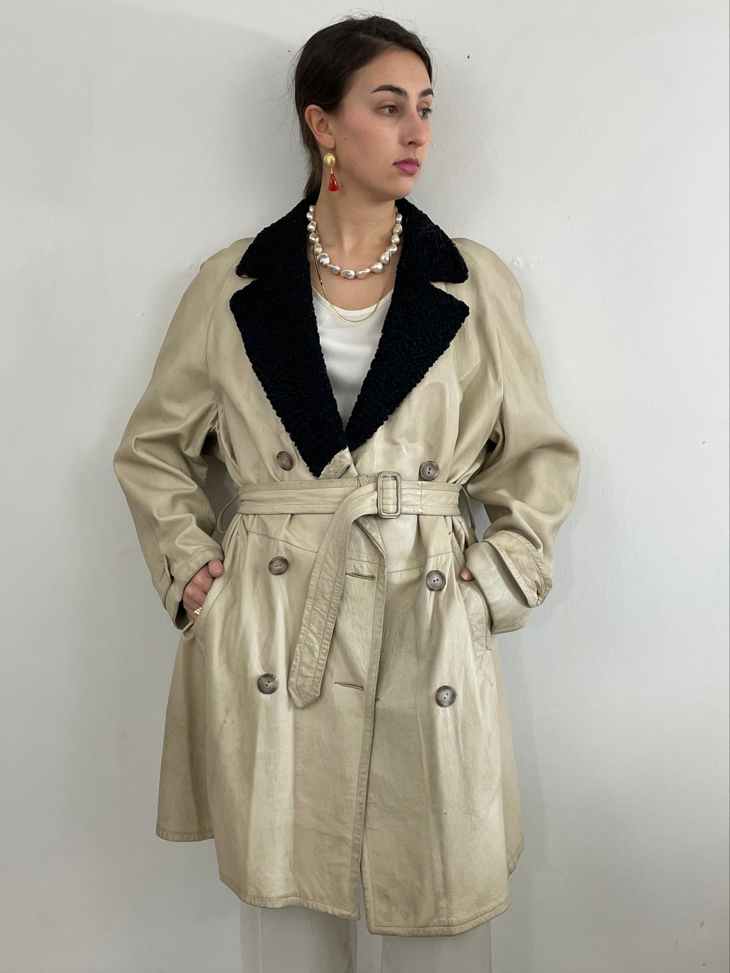 Vintage Leather Belted Trench Coat Persian Lamb Collar Menswear