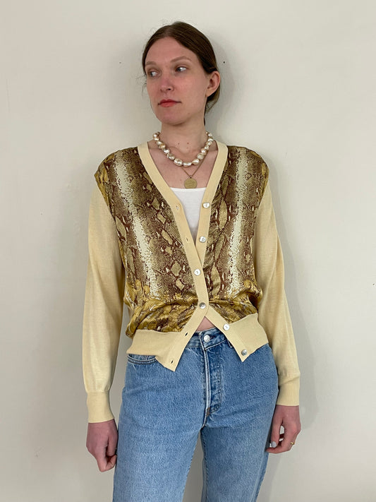 Vintage silk charmeuse + ribbed knit V neck 100% silk baroque print panel butter yellow champagne cardigan sweater | Medium