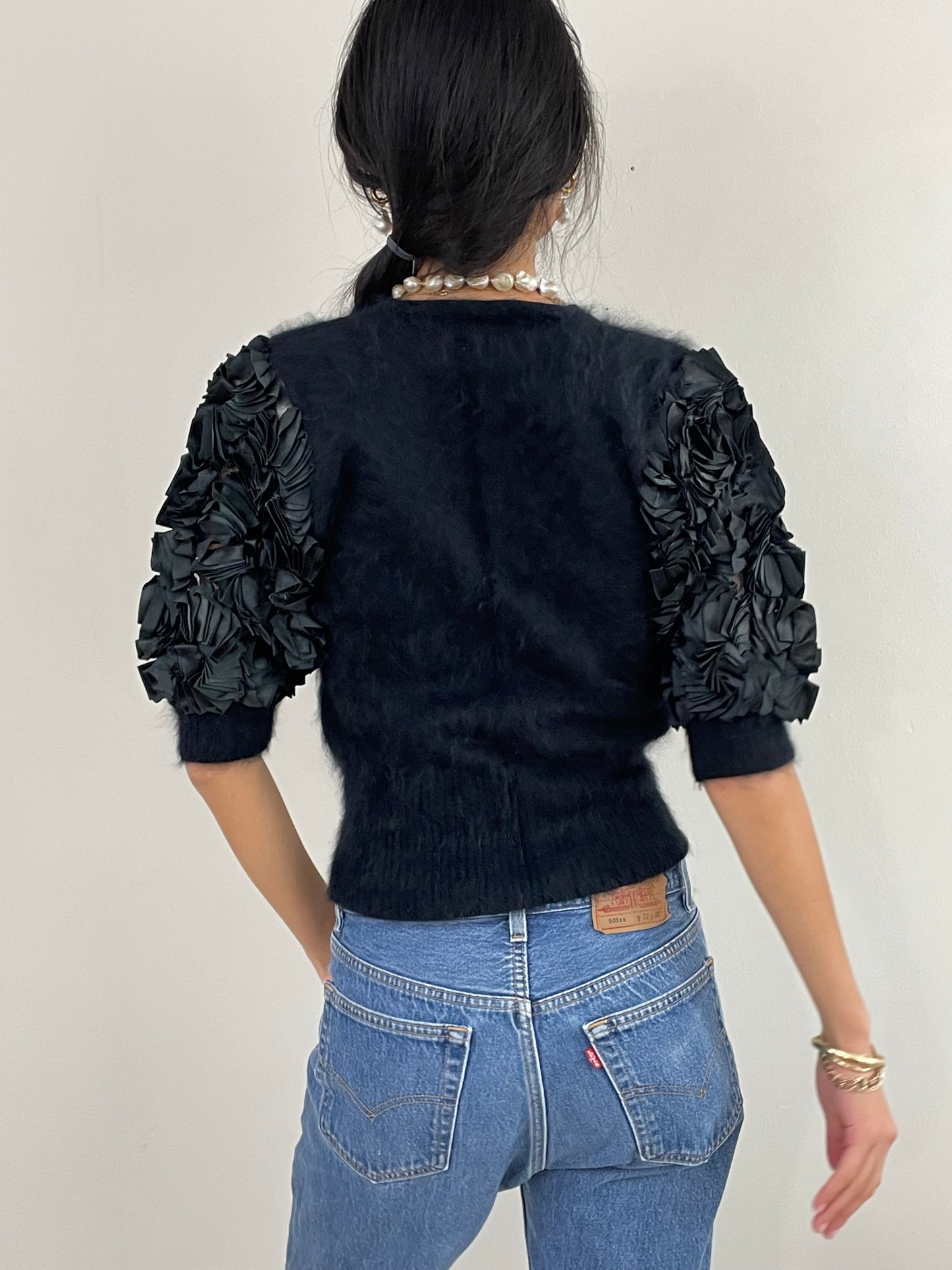 Vintage 80s Angora Puff Sleeve Black Fuzzy Sweater Med