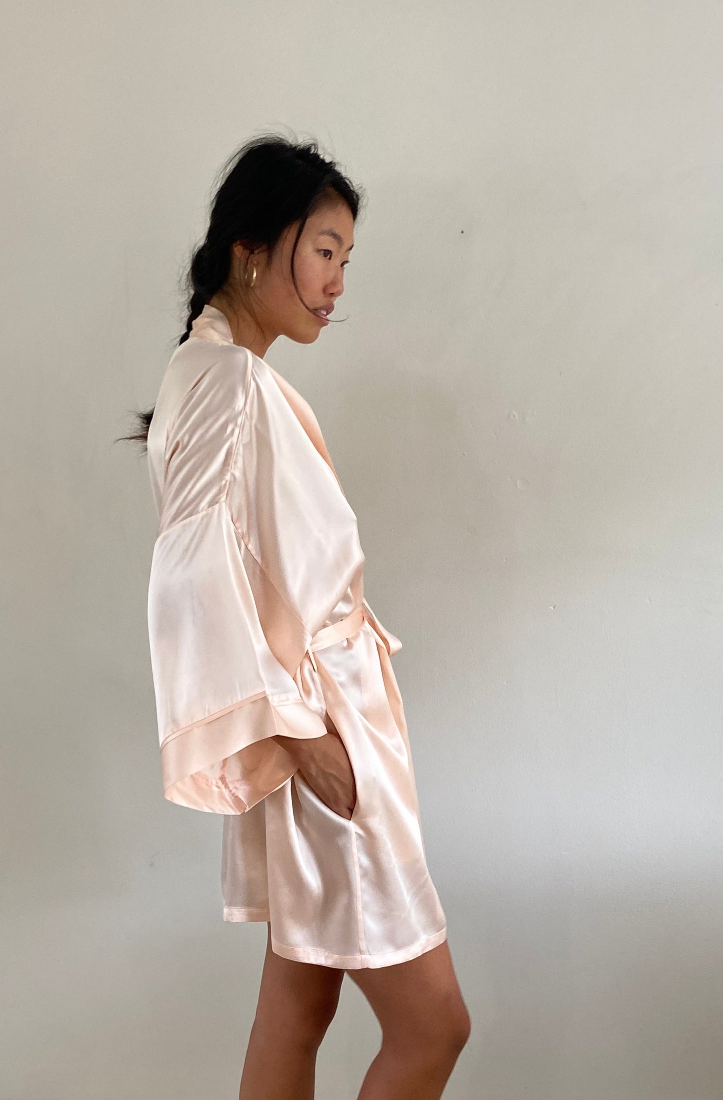 vintage 90s 100% silk charmeuse blush pink kimono robe L dress