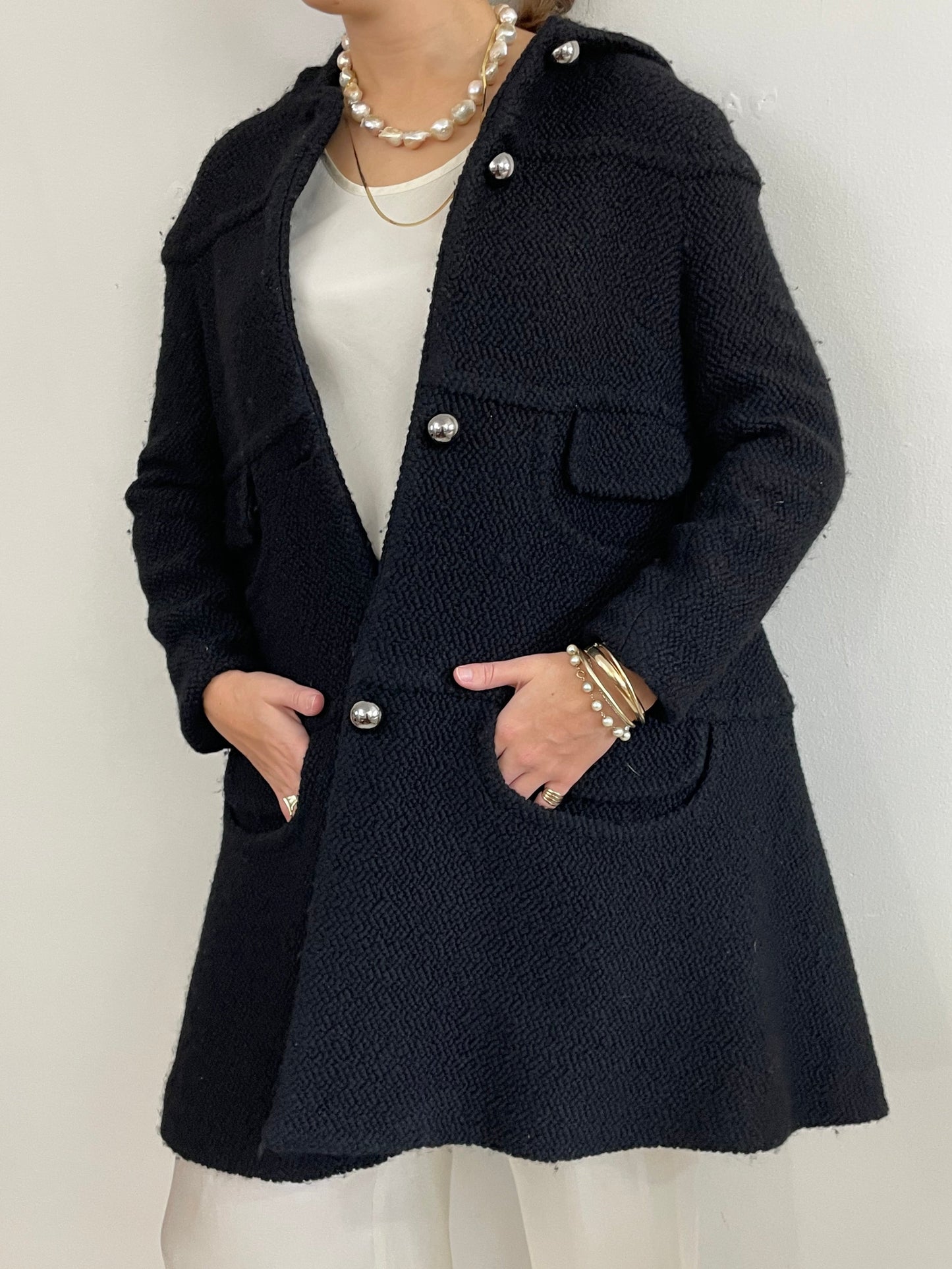Vintage Black Boucle Wool Martin Grant Paris Hooded Swing Coat + Silver Buttons