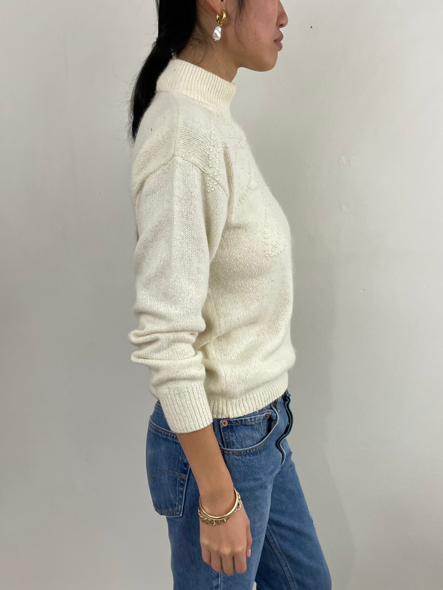 Vintage 90s Beaded Silk Angora Mockneck White Sweater Med
