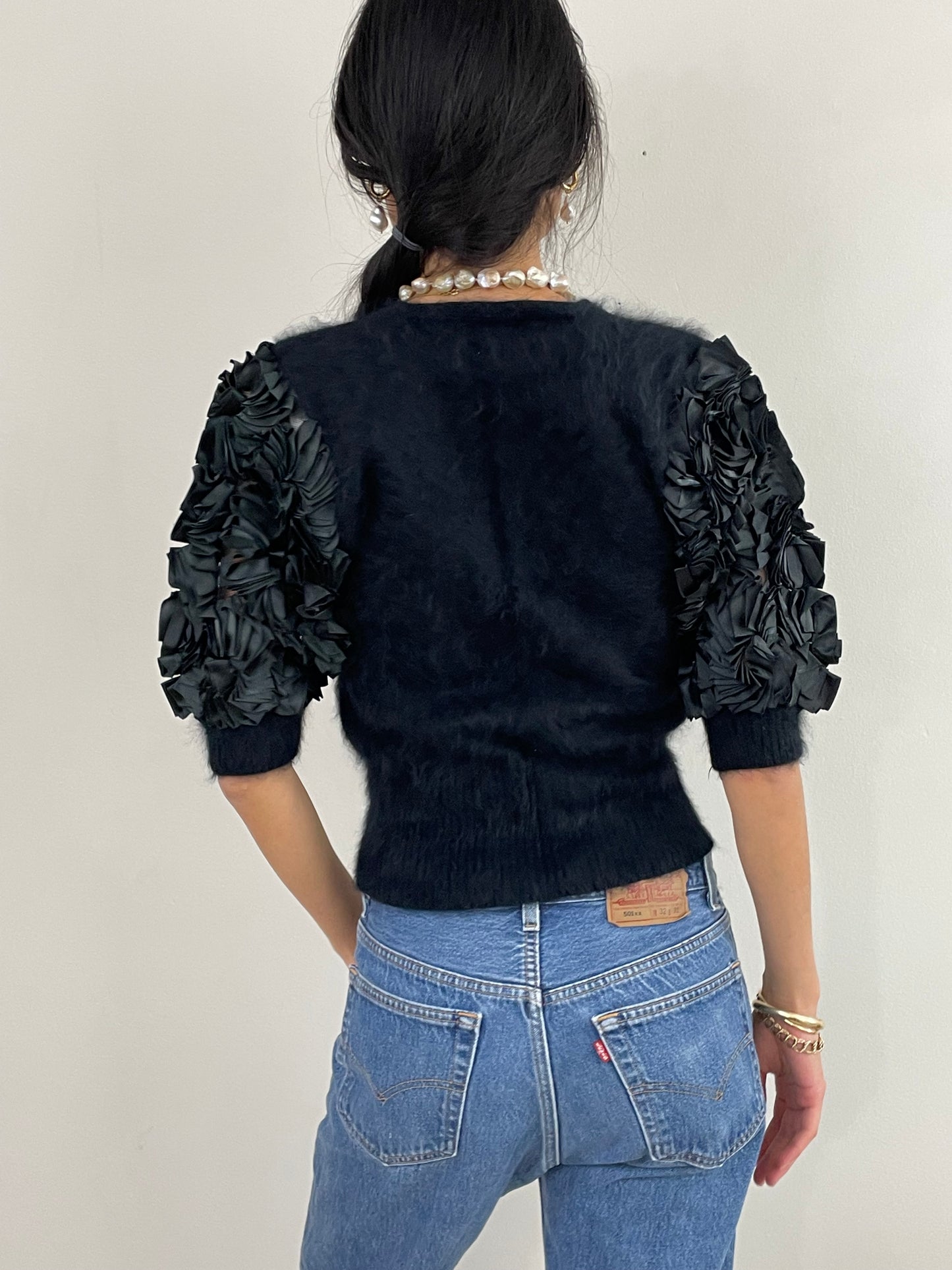 Vintage 80s Angora Puff Sleeve Black Fuzzy Sweater Med