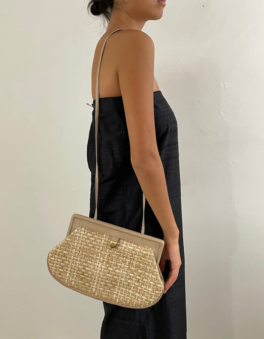 Vintage 90s woven rattan + leather clutch shoulder purse cross body handbag Etienne Aigner
