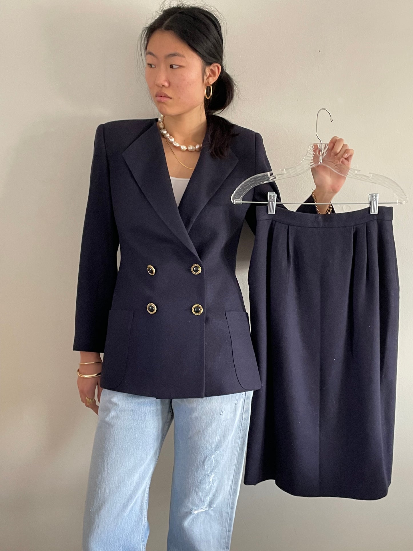 vintage double breasted cropped navy blue wool 90s blazer Medium