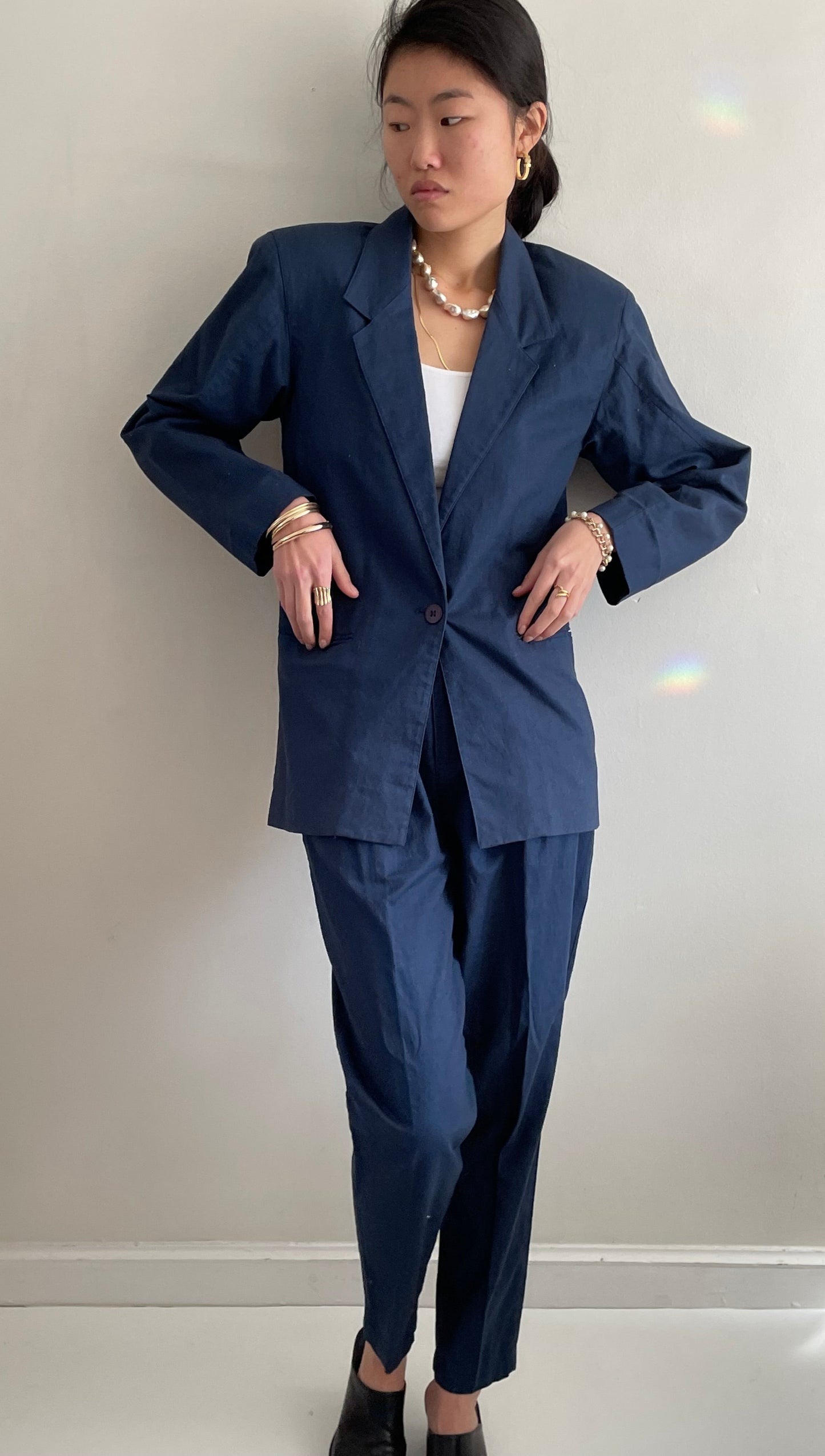 Vintage 90s Linen Pant Suit: blue blazer + pleated pants size 2/4