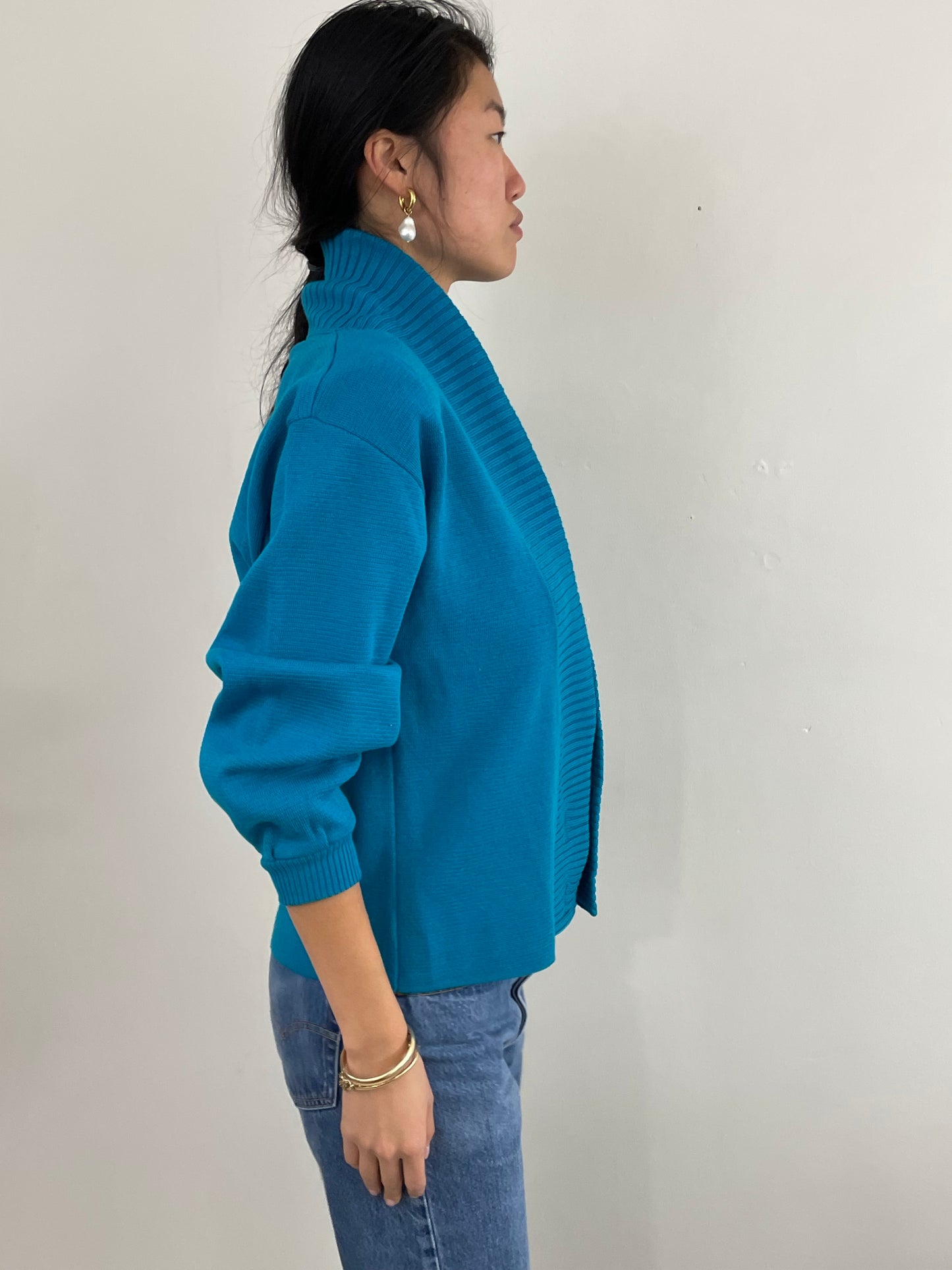 Vintage 70s Jaeger Wool Teal Shawl Collar Cardigan Small