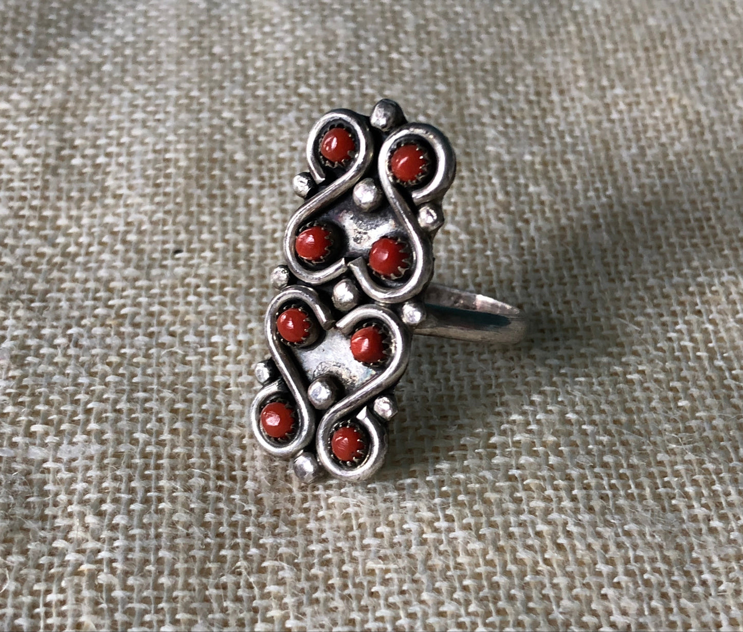 Vintage 50s Artisan Hand Wrought Navajo Red Coral Cluster Statement Sterling Silver Ring