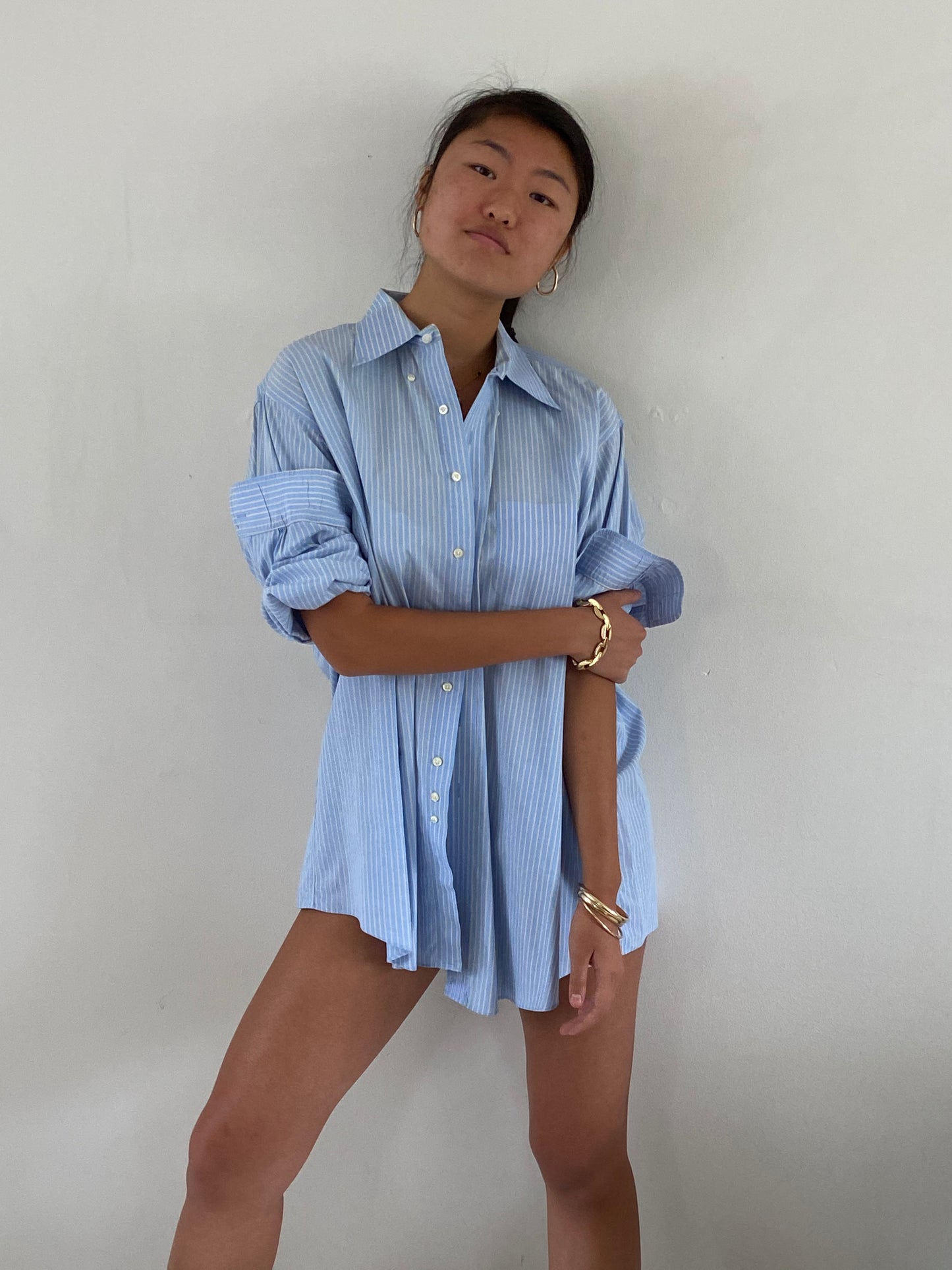 vintage baby blue boyfriend shirt | oversized cotton pinstripe Brooks Brothers mens button down shirt blouse | XL