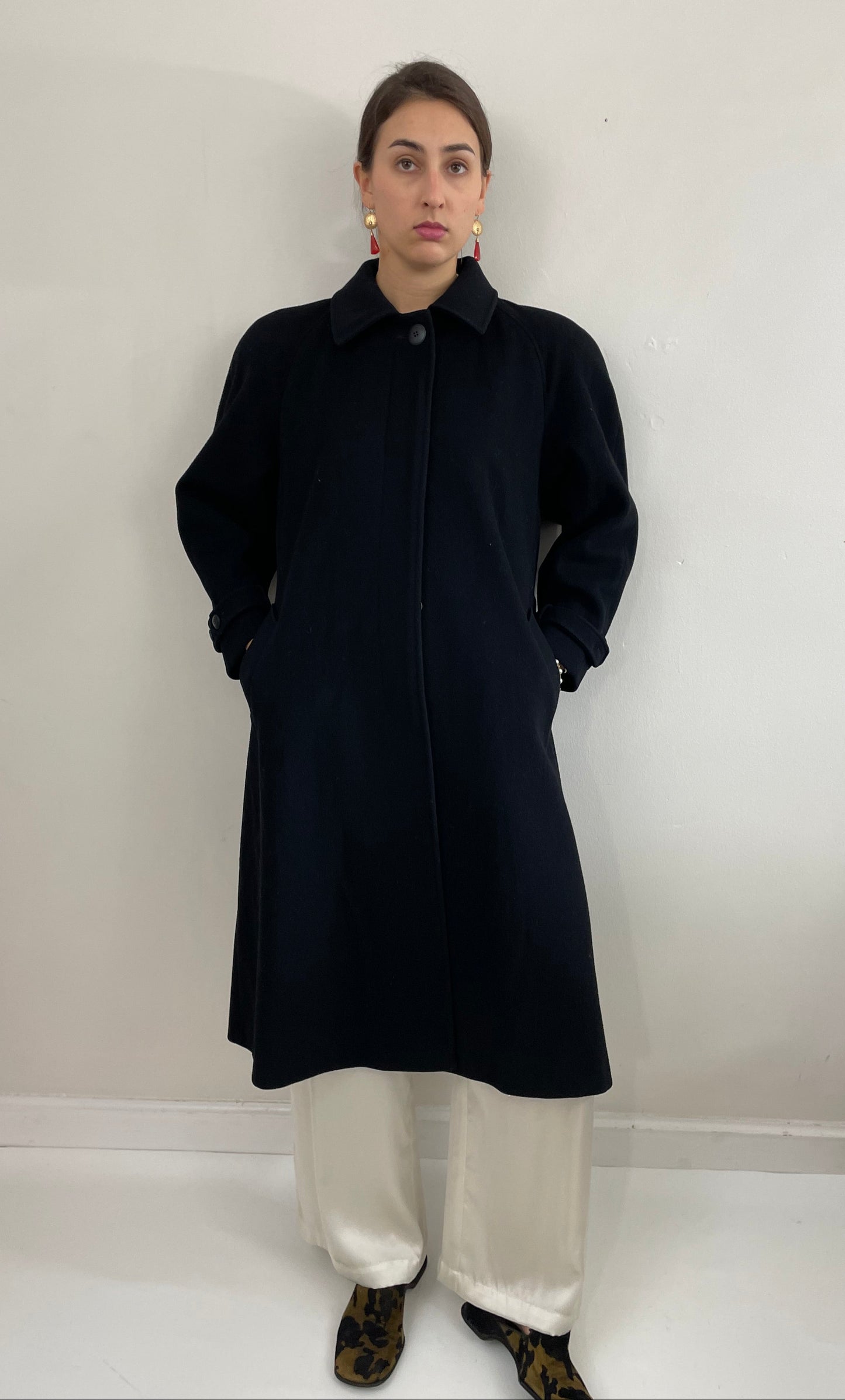 Vintage 90s Long Black Wool Overcoat Winter Coat