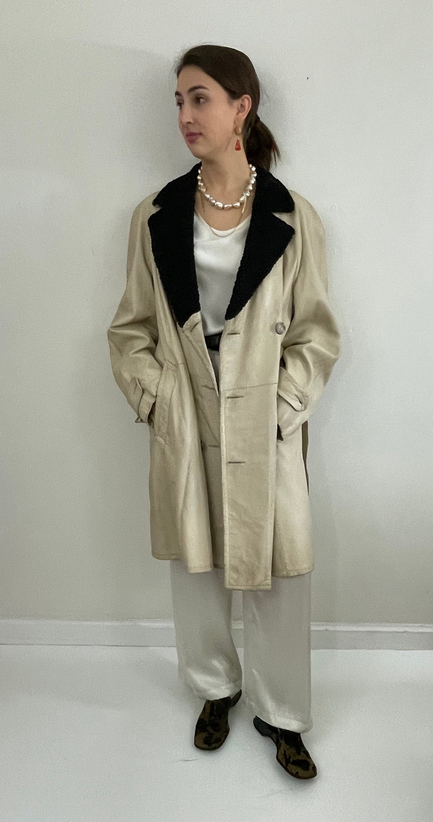 Vintage Leather Belted Trench Coat Persian Lamb Collar Menswear