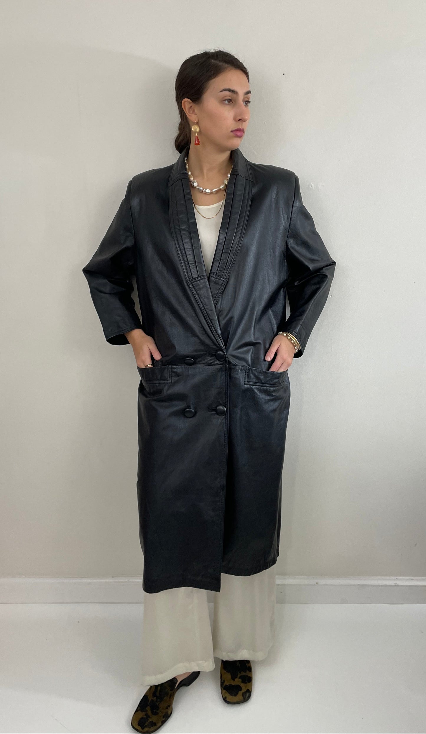 Vintage 90s Leather Trench Black Double Breasted Jacket
