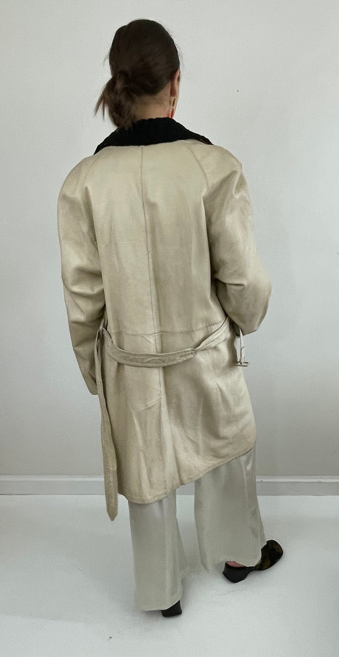 Vintage Leather Belted Trench Coat Persian Lamb Collar Menswear