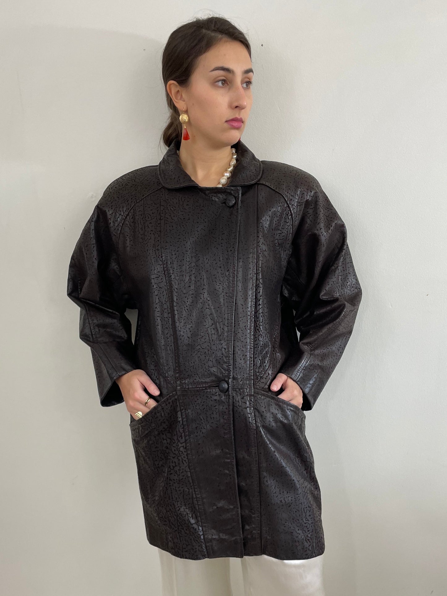 90s Embossed Leather Slouchy Brown Coat Jacket | Medium