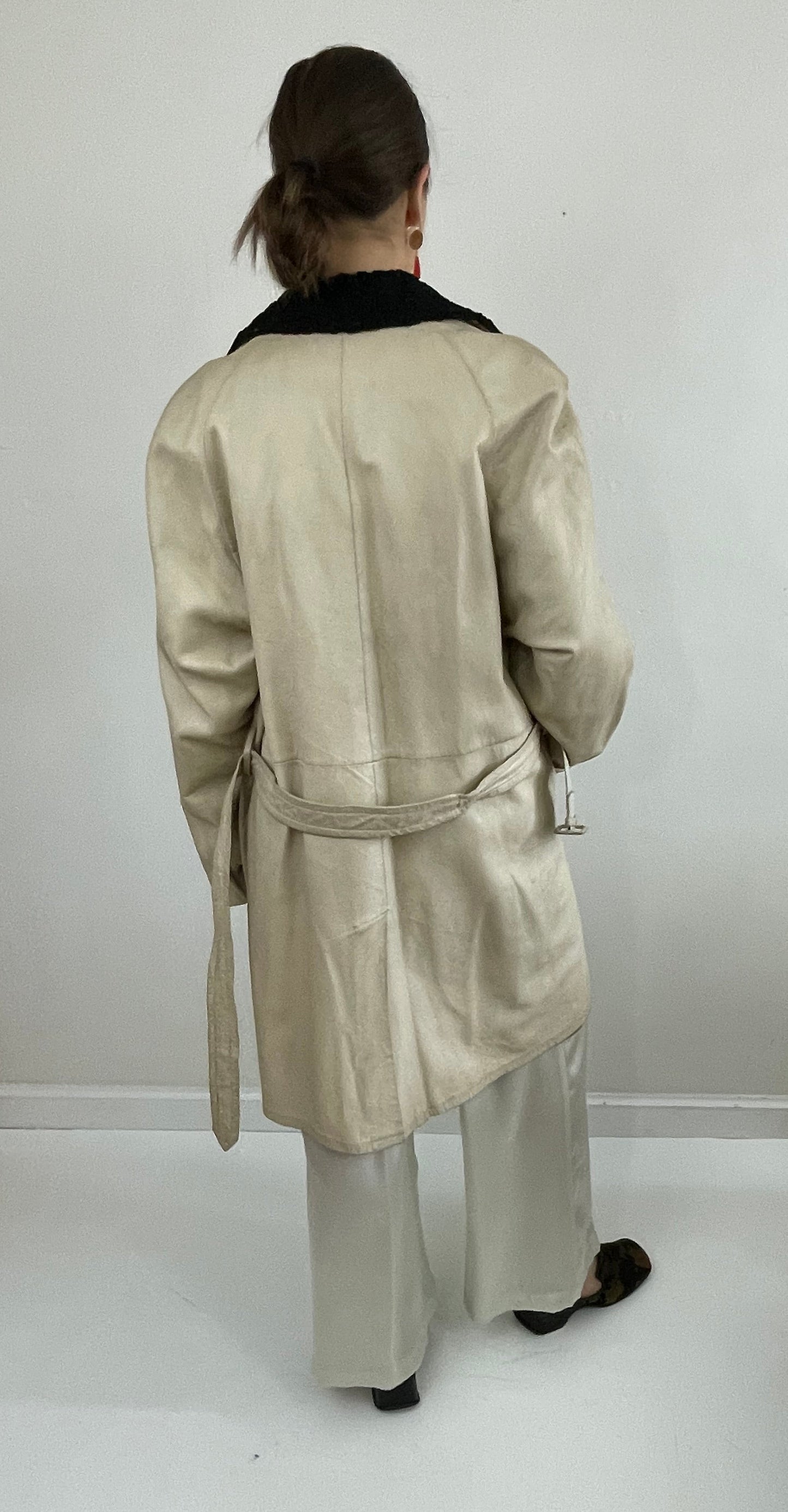 Vintage Leather Belted Trench Coat Persian Lamb Collar Menswear