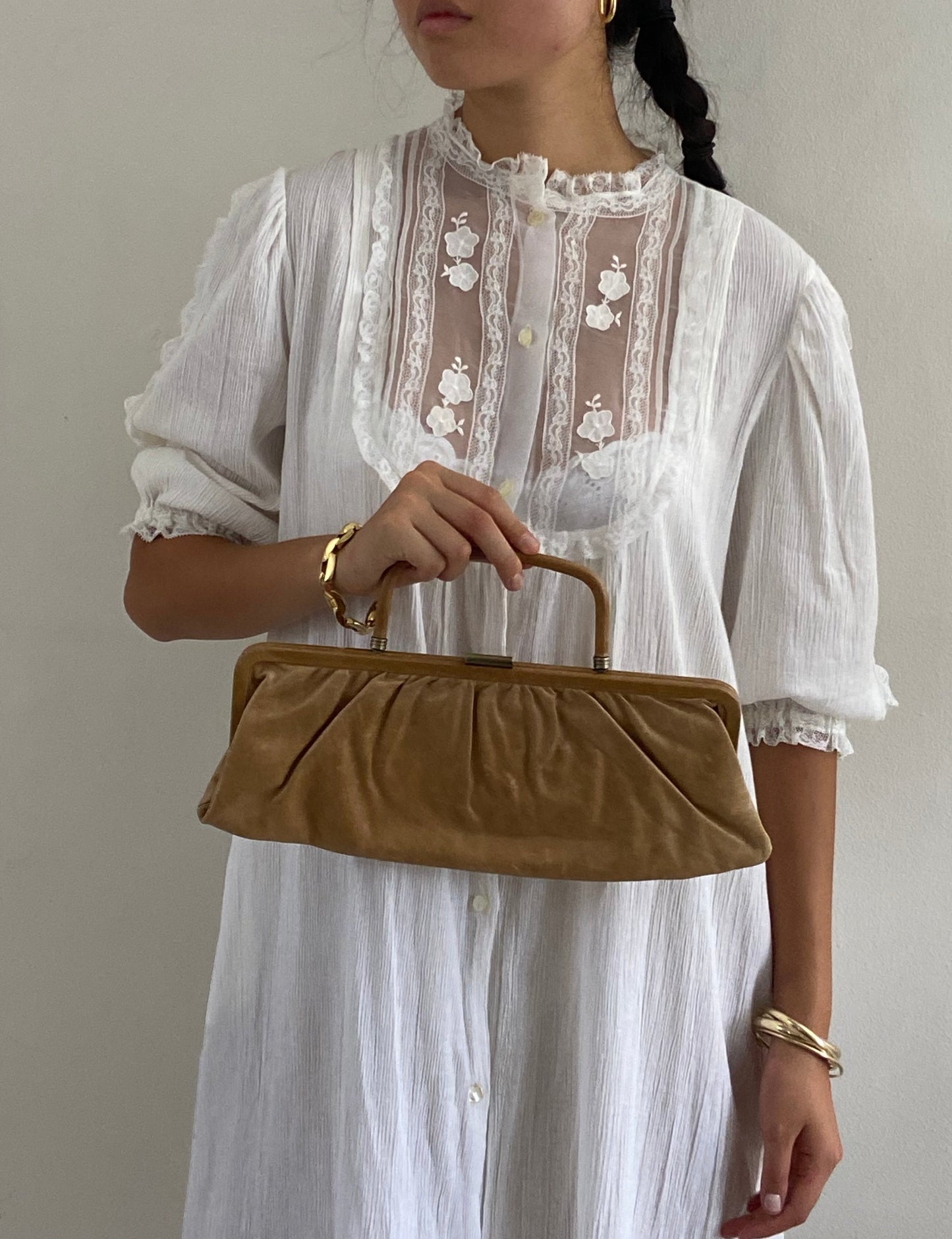vintage leather baguette purse handbag | tan leather long smooth minimalist baguette with top handle