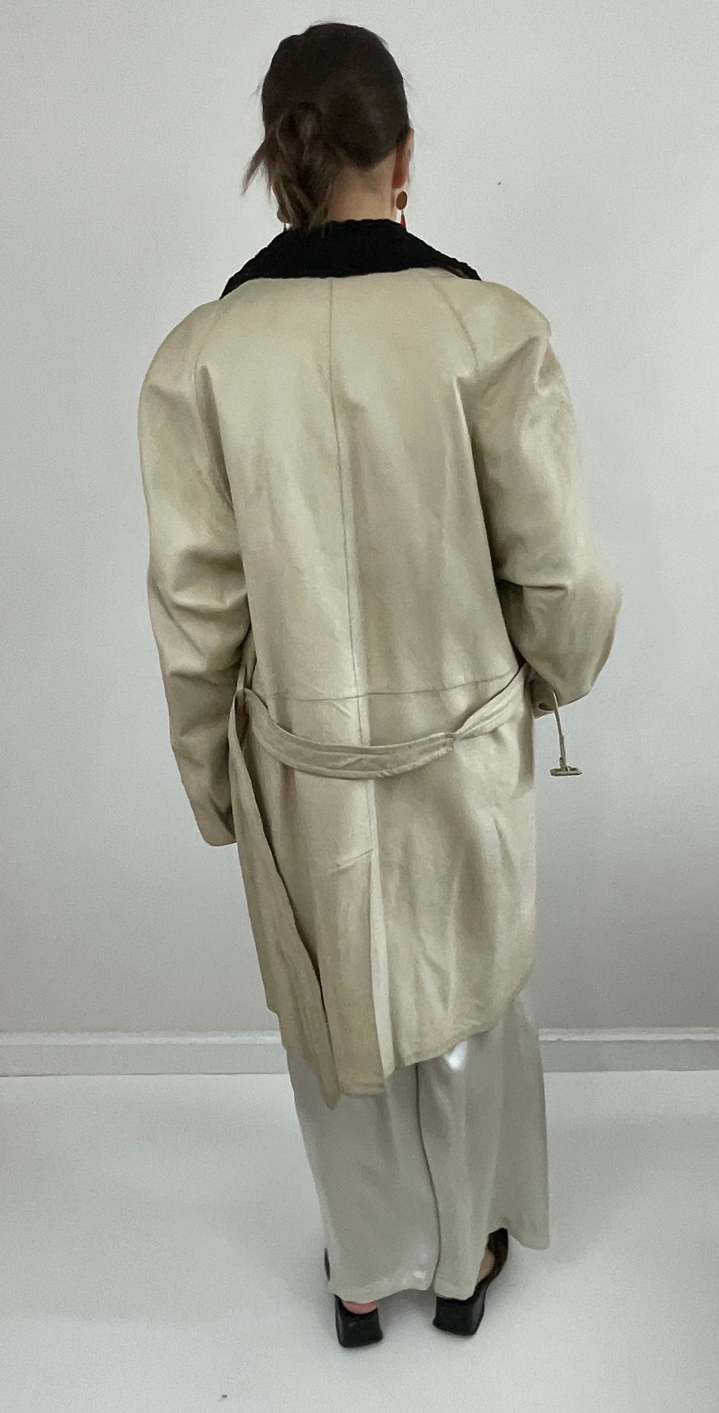 Vintage Leather Belted Trench Coat Persian Lamb Collar Menswear