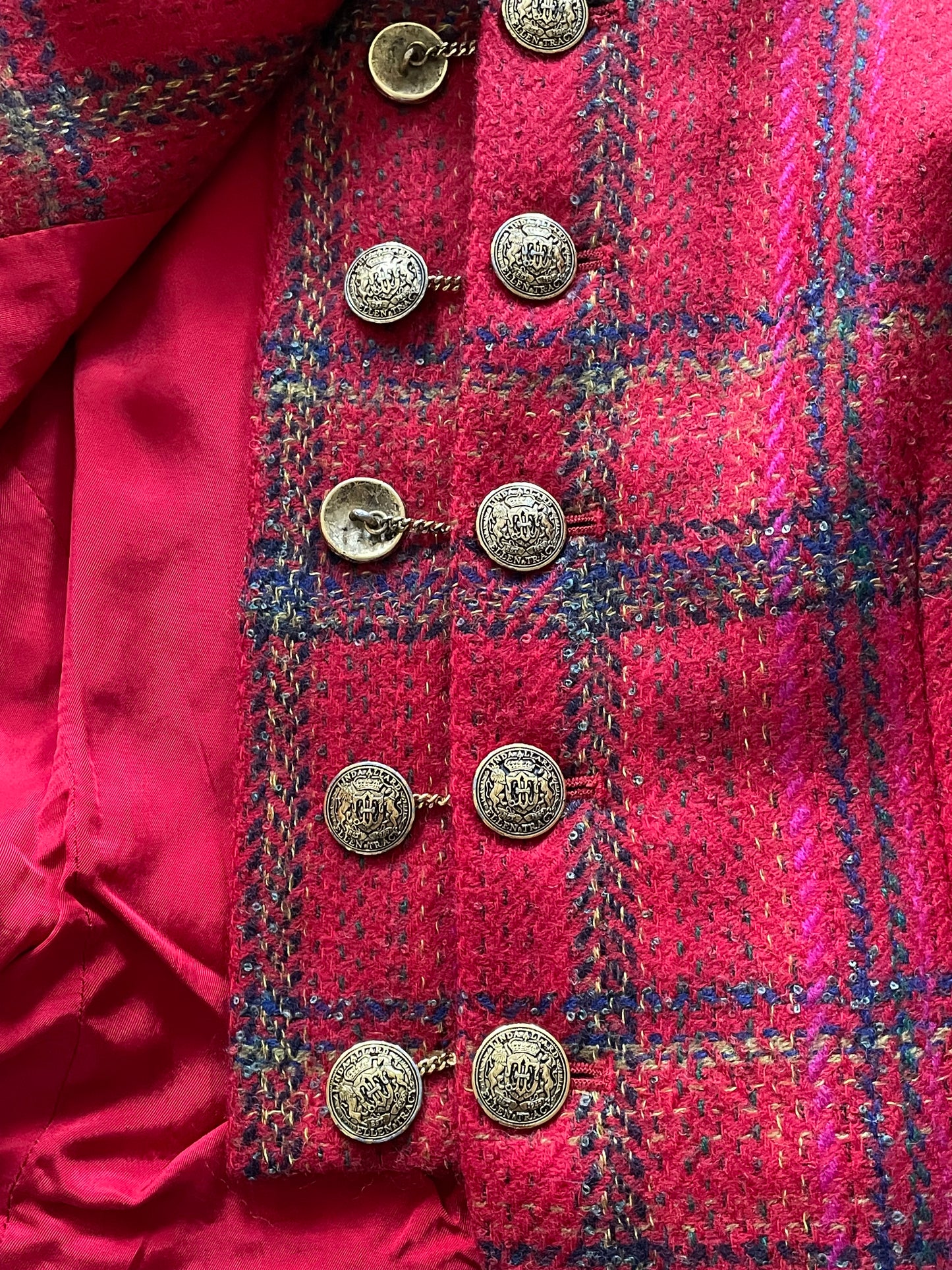 Vintage Plaid Cropped Gold Button Chain Blazer + Matching Skirt Suit Set | Vintage Ellen Tracy Red Tweed Wool Blazer Suit