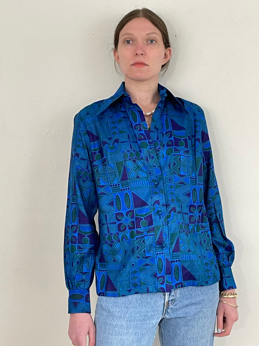 vintage 60s 70s silk long collar mod block print tissue cobalt cerulean blue 100% Thai silk blouse over shirt Small Medium