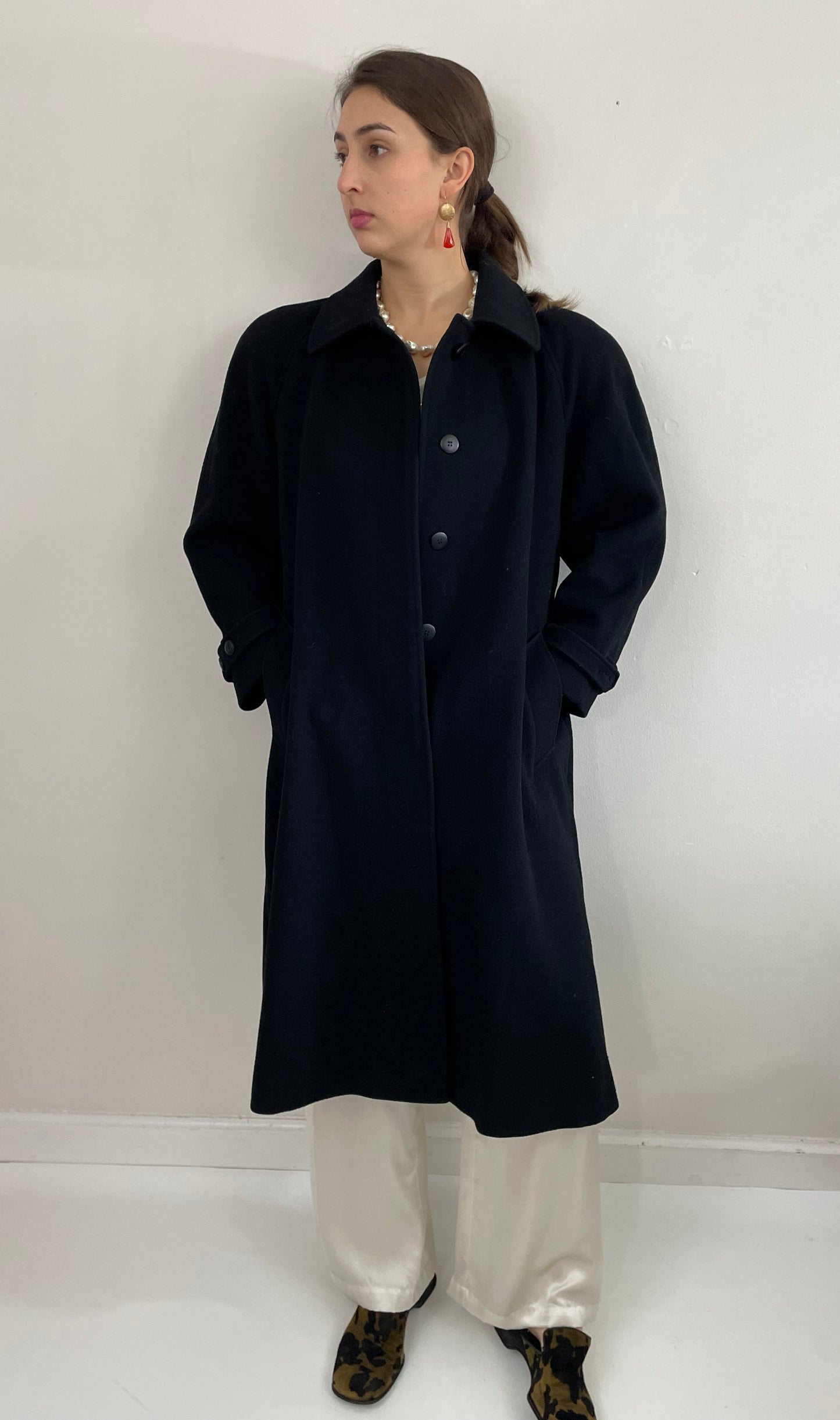 Vintage 90s Long Black Wool Overcoat Winter Coat