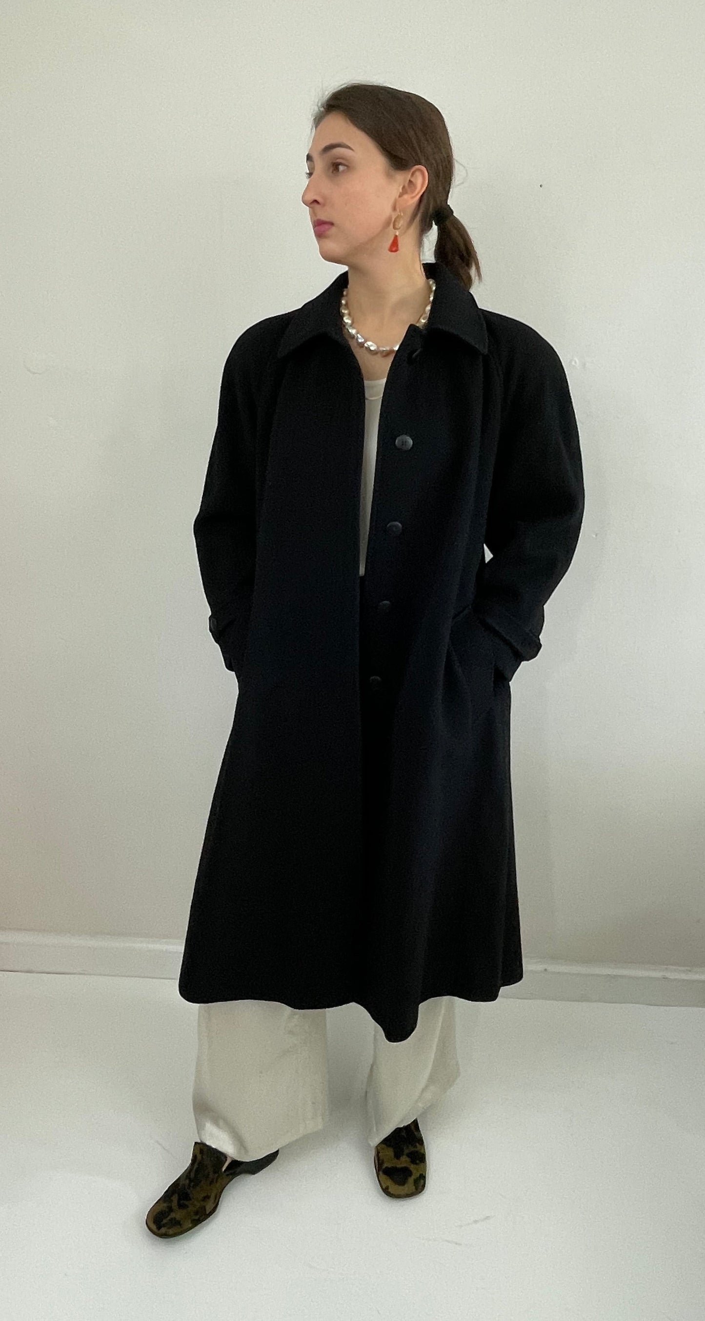 Vintage 90s Long Black Wool Overcoat Winter Coat