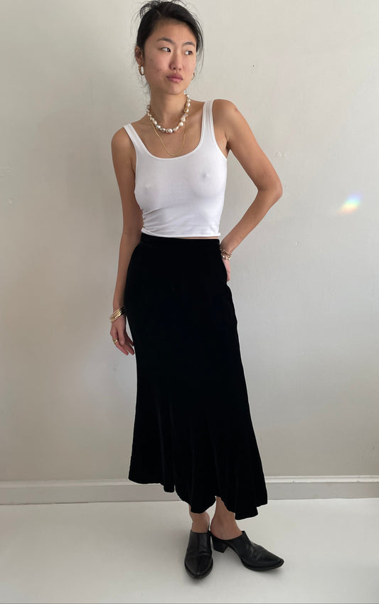 Vintage 90s Black Silk Velvet Tulip Maxi Skirt | 25 waist