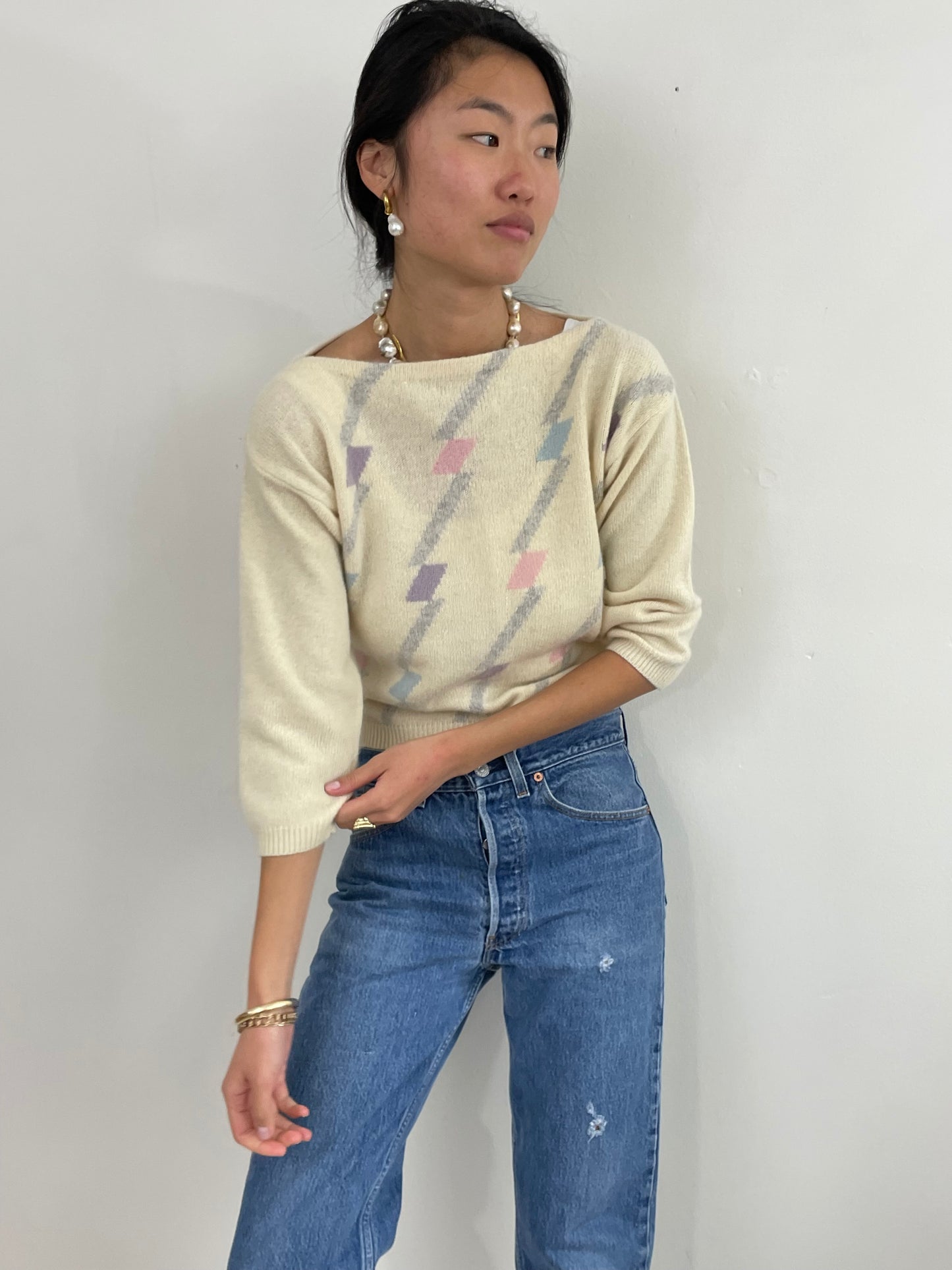 Vintage 70s Lambswool Intarsia Boatneck Cropped Sweater