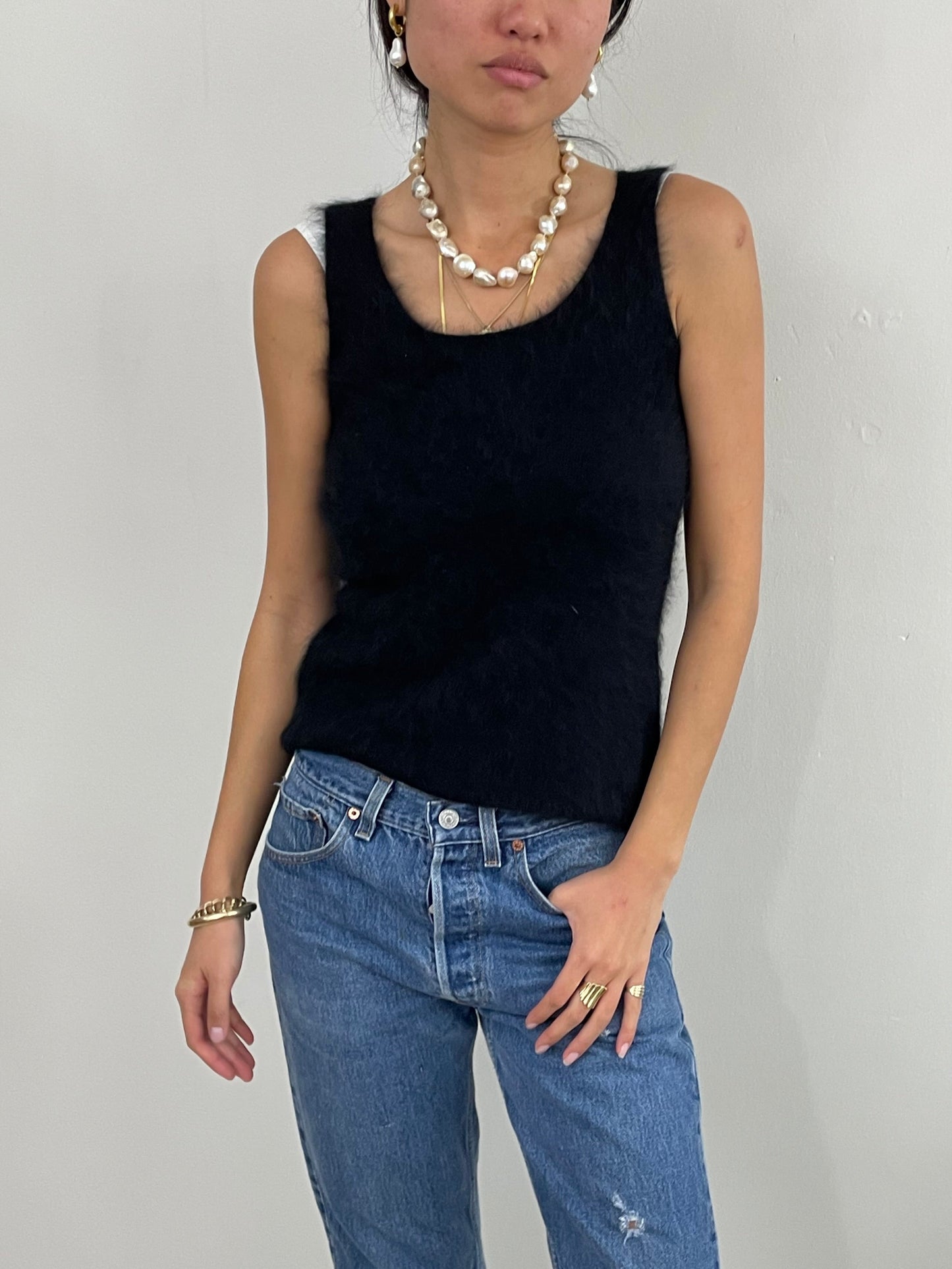 Vintage Angora Fuzzy Black Sleeveless Sweater Tank XS