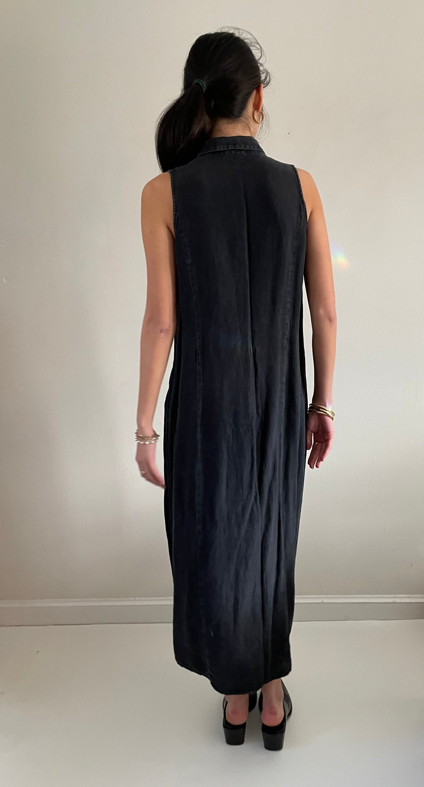 vintage 90s 100% linen black maxi sleeveless shirt dress Med