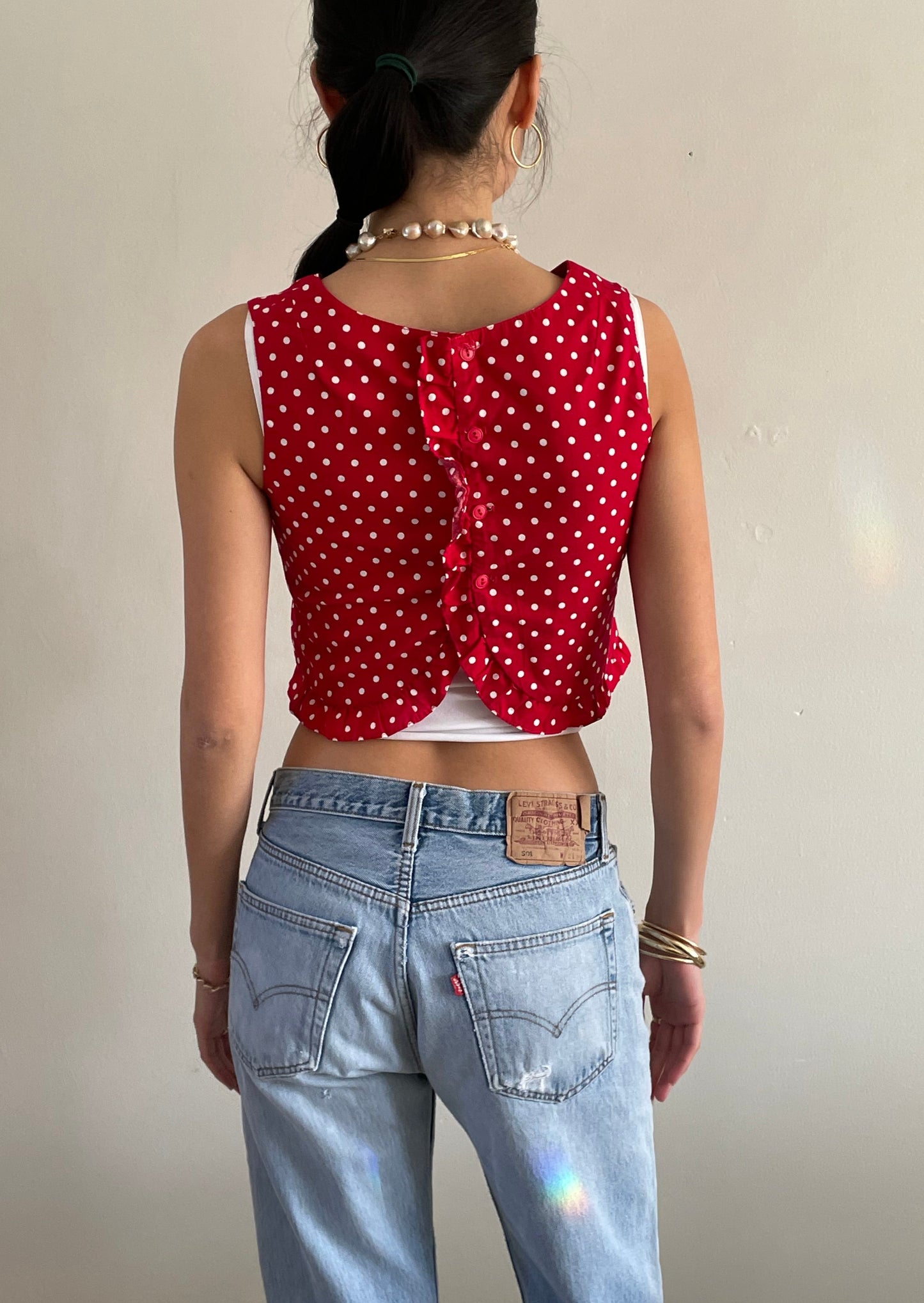 vintage 70s Lanz cotton polkadot cropped sleeveless blouse