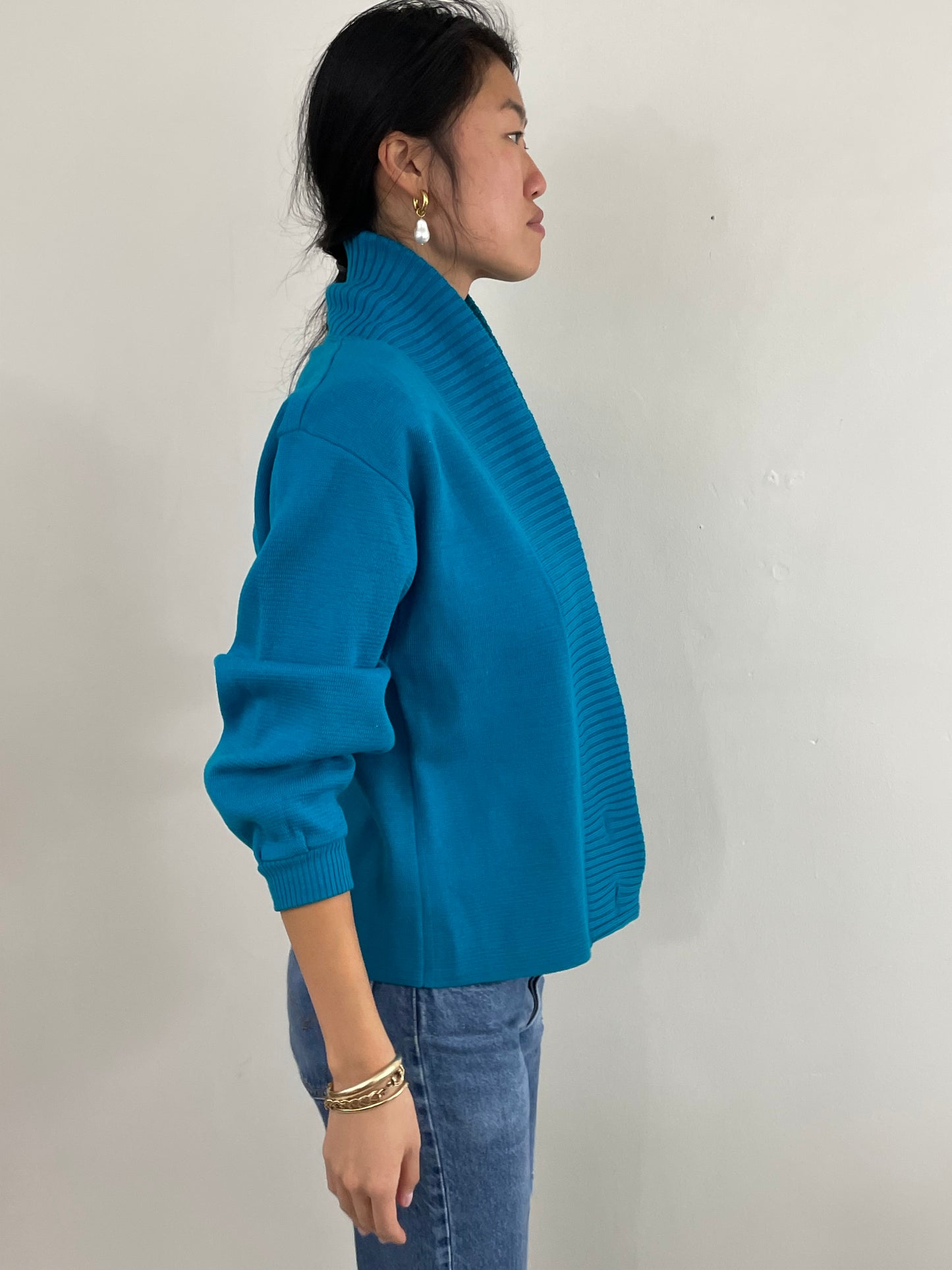 Vintage 70s Jaeger Wool Teal Shawl Collar Cardigan Small