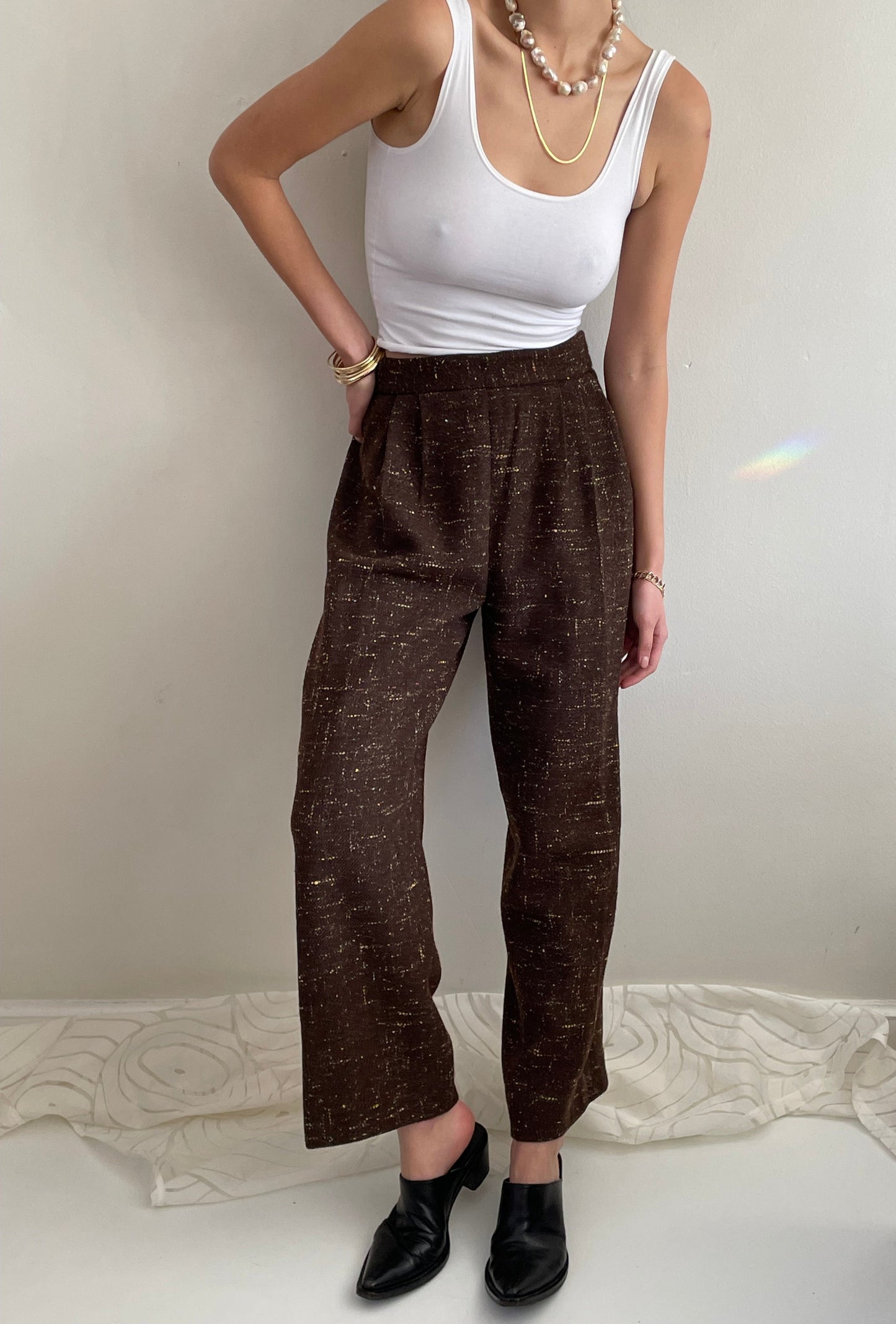 Vintage 90s Tweed Wide Leg Pleated Pants | Brown Wool Speckled Pants size 28 Waist